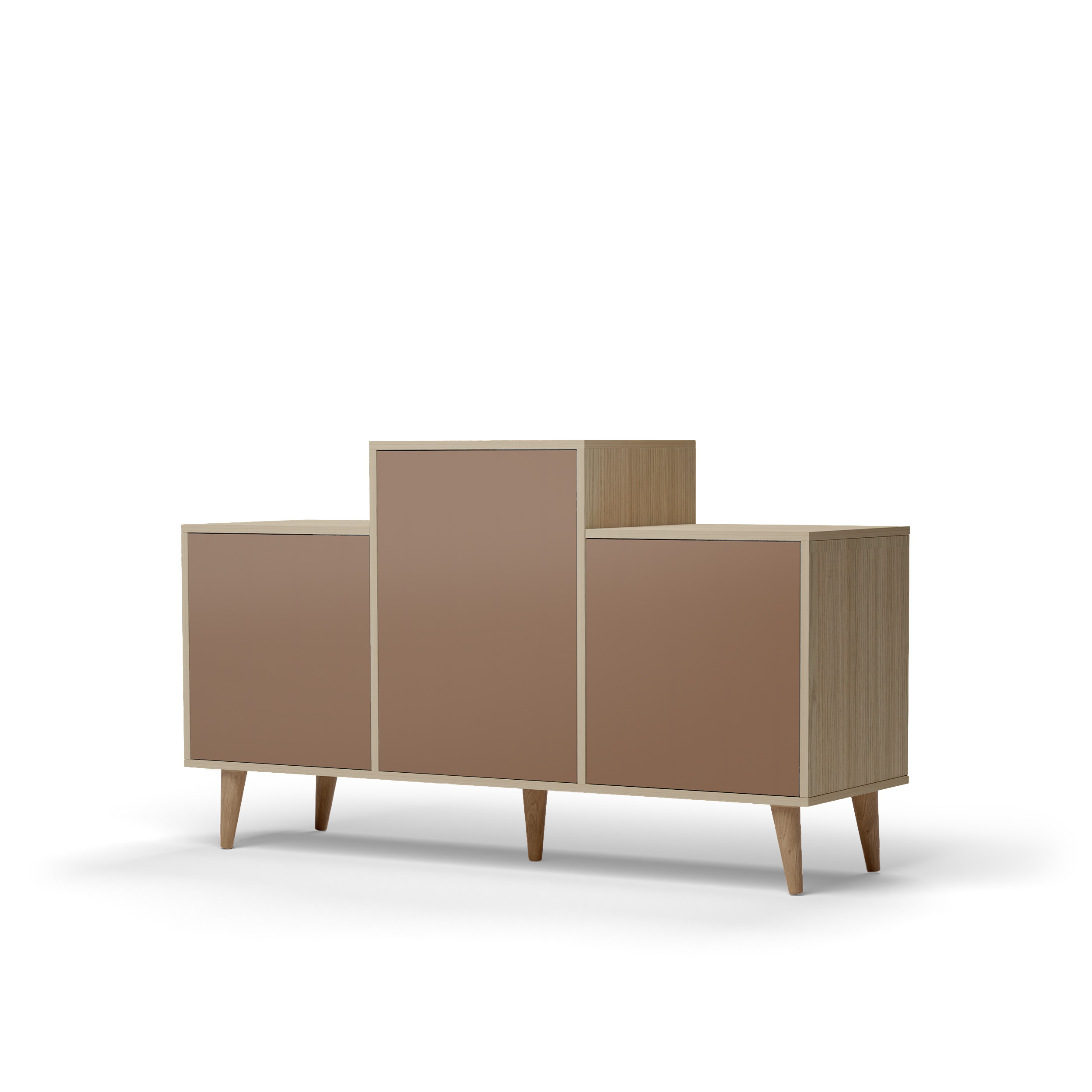 Buffet bois effet chêne clair, 3 portes rouge terre L127,40xH74,5cm