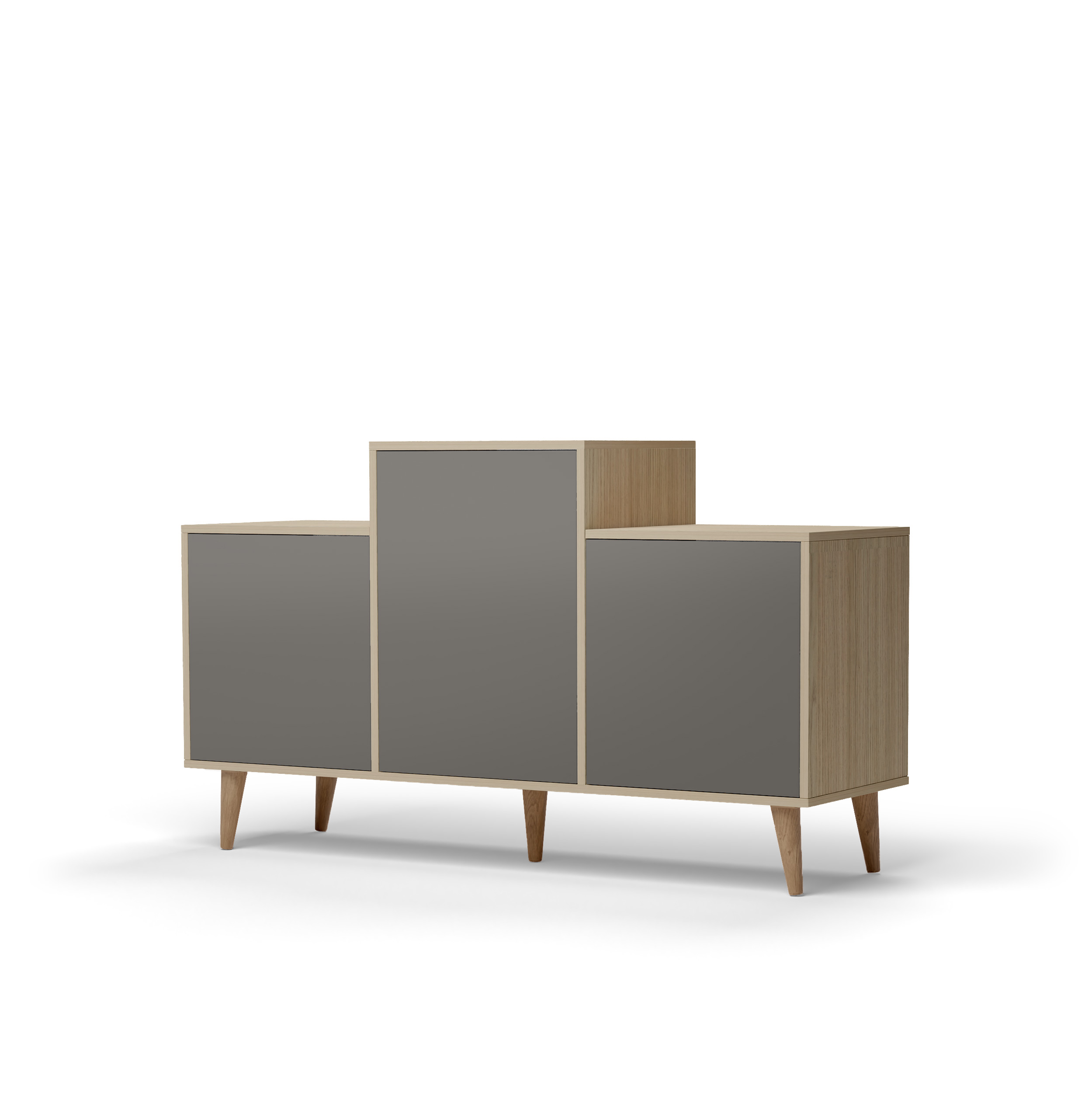 Buffet bois effet chêne clair, 3 portes gris taupe L127,40xH74,5cm