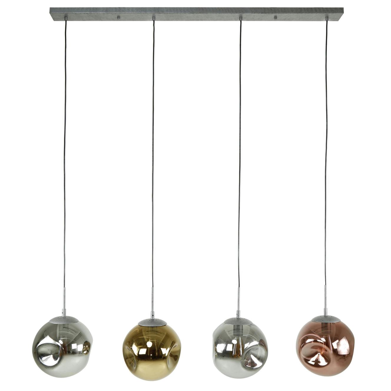 Suspension de table 4 globes en verre déformé et coloré L120cm