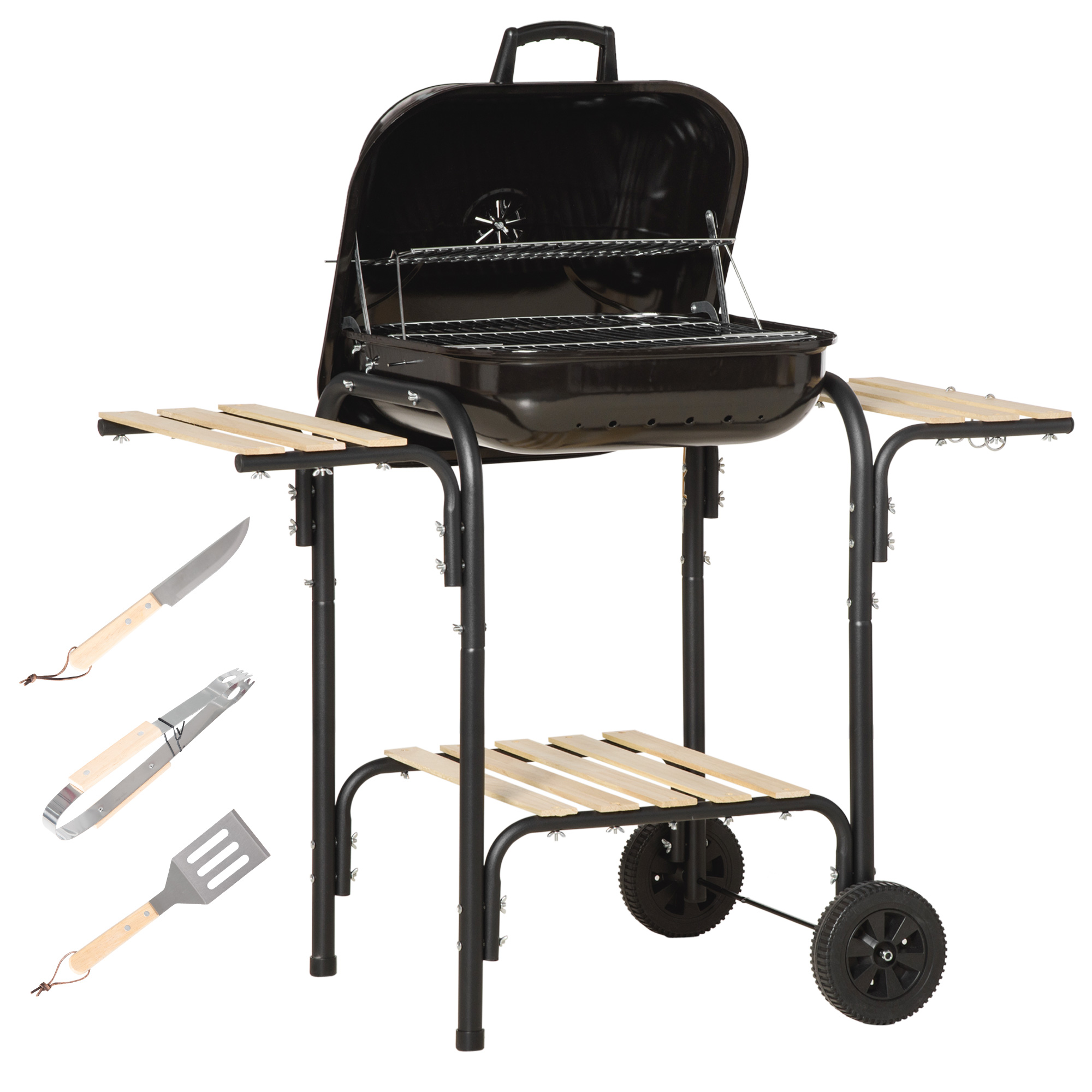 Barbecue à charbon 3 étagères - accessoires - bois acier émaillé noir