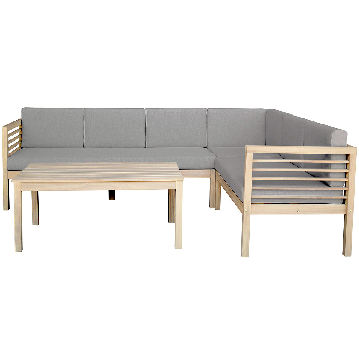 Salon de jardin d'angle 5 places en bois blanchi FSC et coussins gris