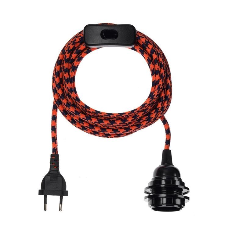 Lampe corde motifs pied poule rouge bleu cordon coton tissé 4,5m