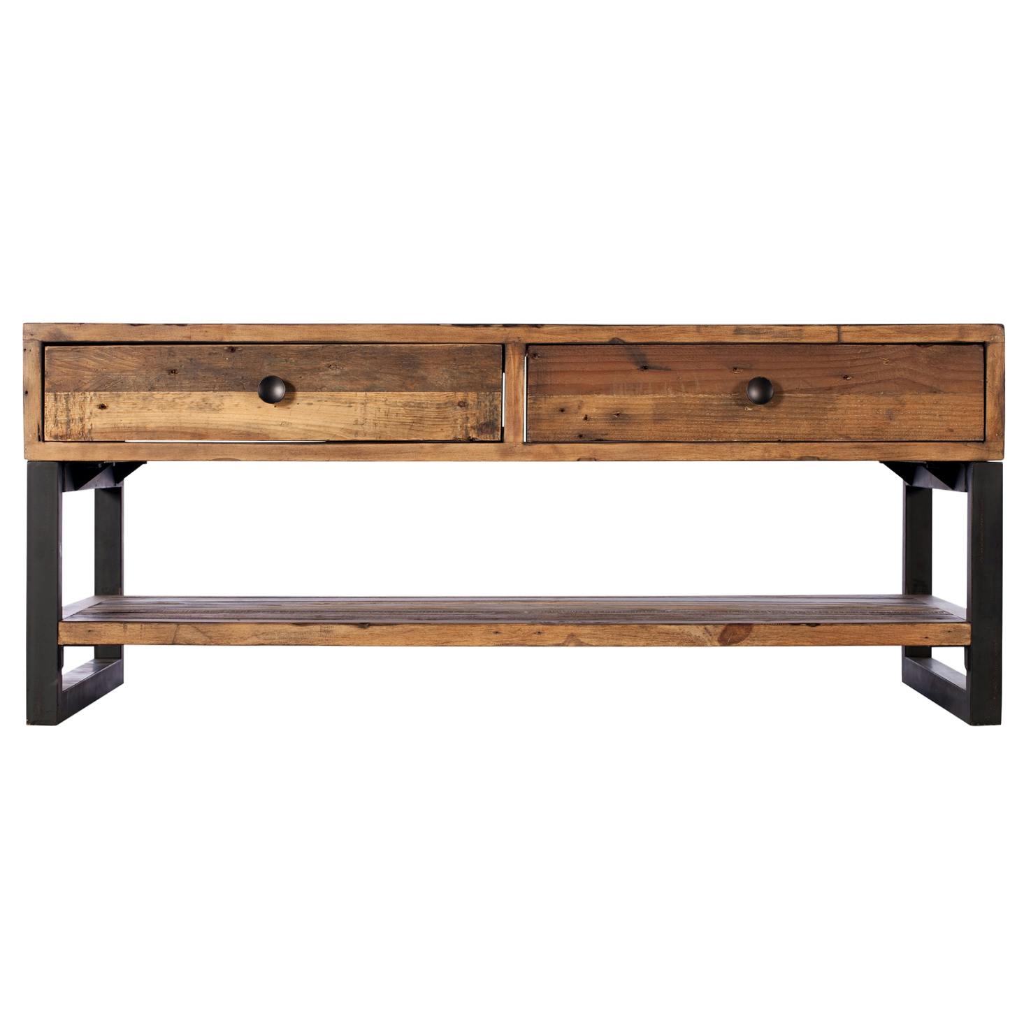 Table basse double plateau 2 tiroirs en bois recyclé 120x70cm