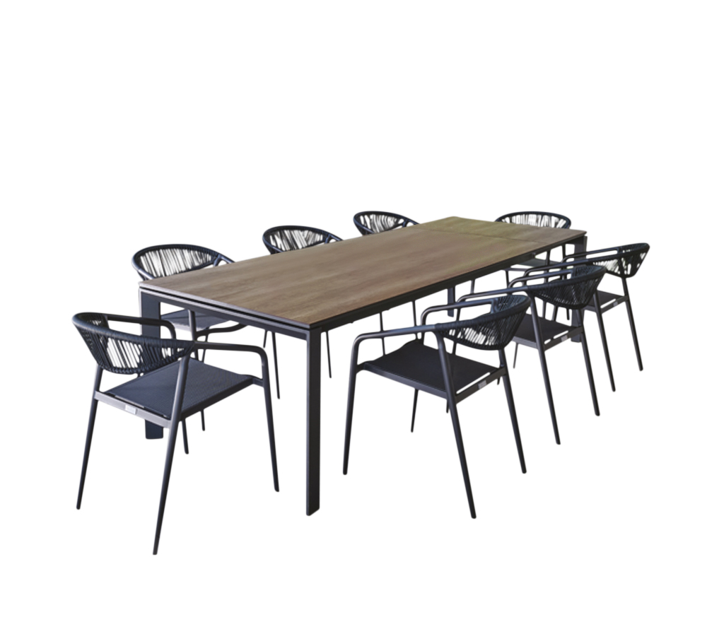 Table de jardin en HPL et 8 fauteuils en cordage nylon gris anthracite