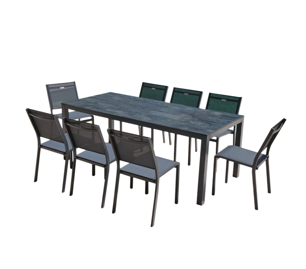 Ensemble repas de jardin 8 places en aluminium chêne doré