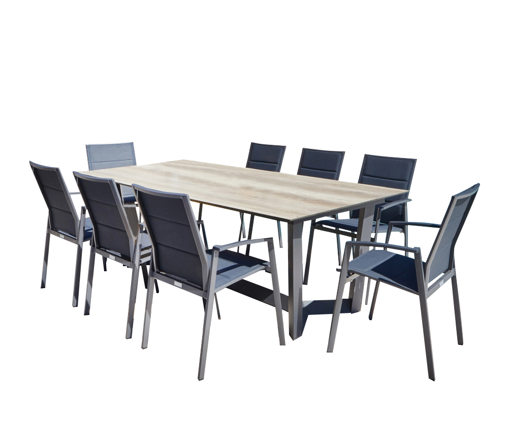 Ensemble repas de jardin 10 places en aluminium chêne doré