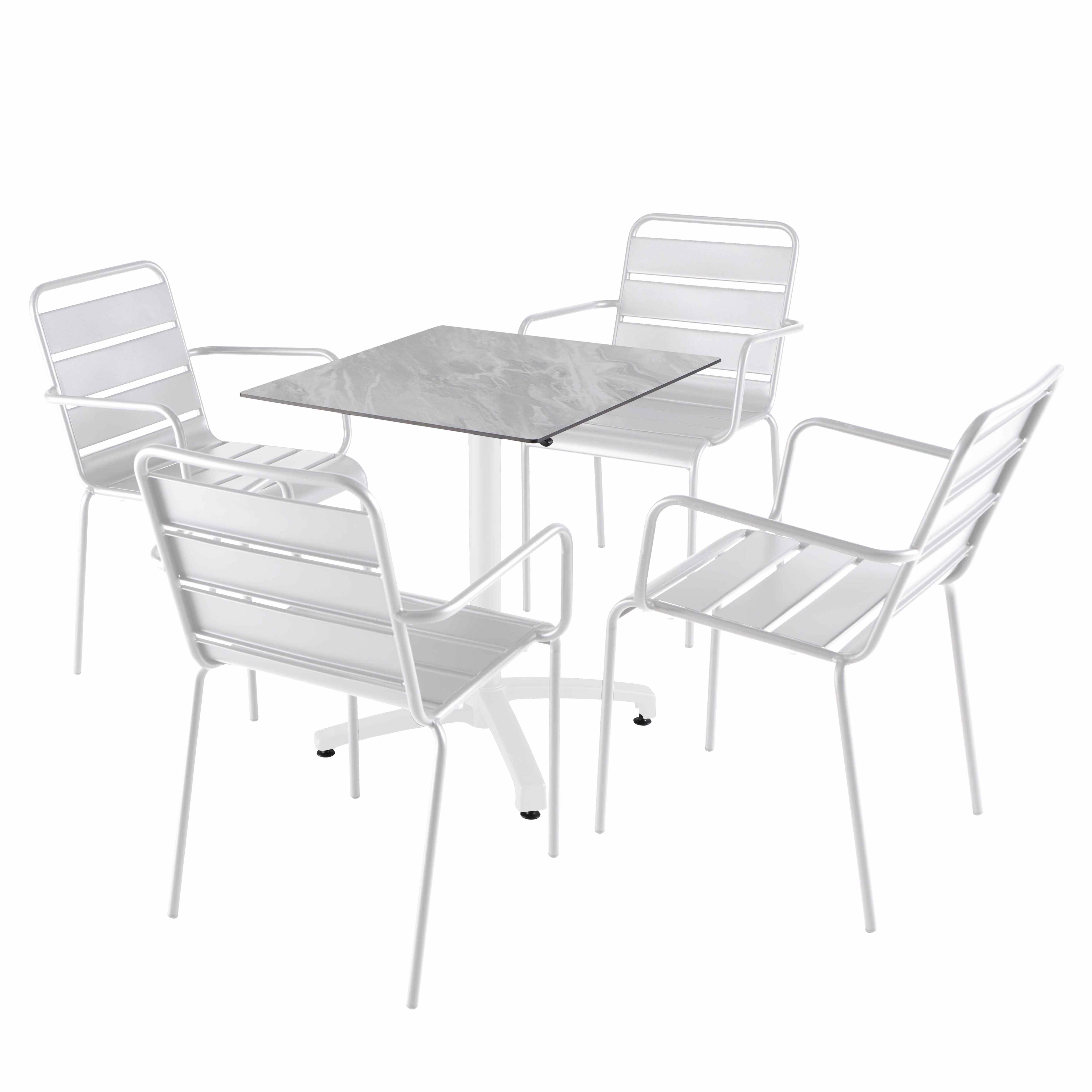 Ensemble table 70 cm marbre et 4 chaises en métal blanc