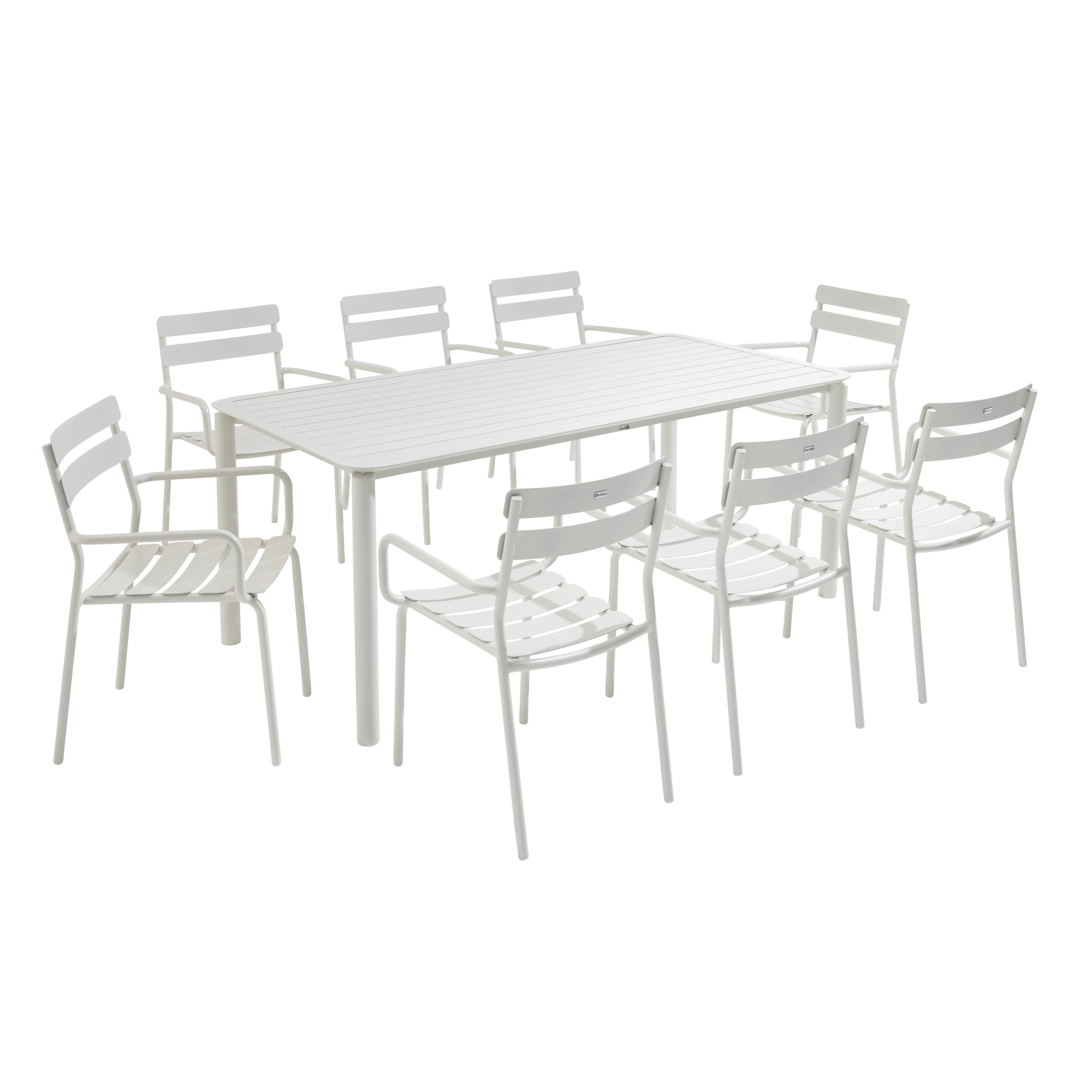 Ensemble table de terrasse (185 x 92cm) et 8 fauteuils blanc