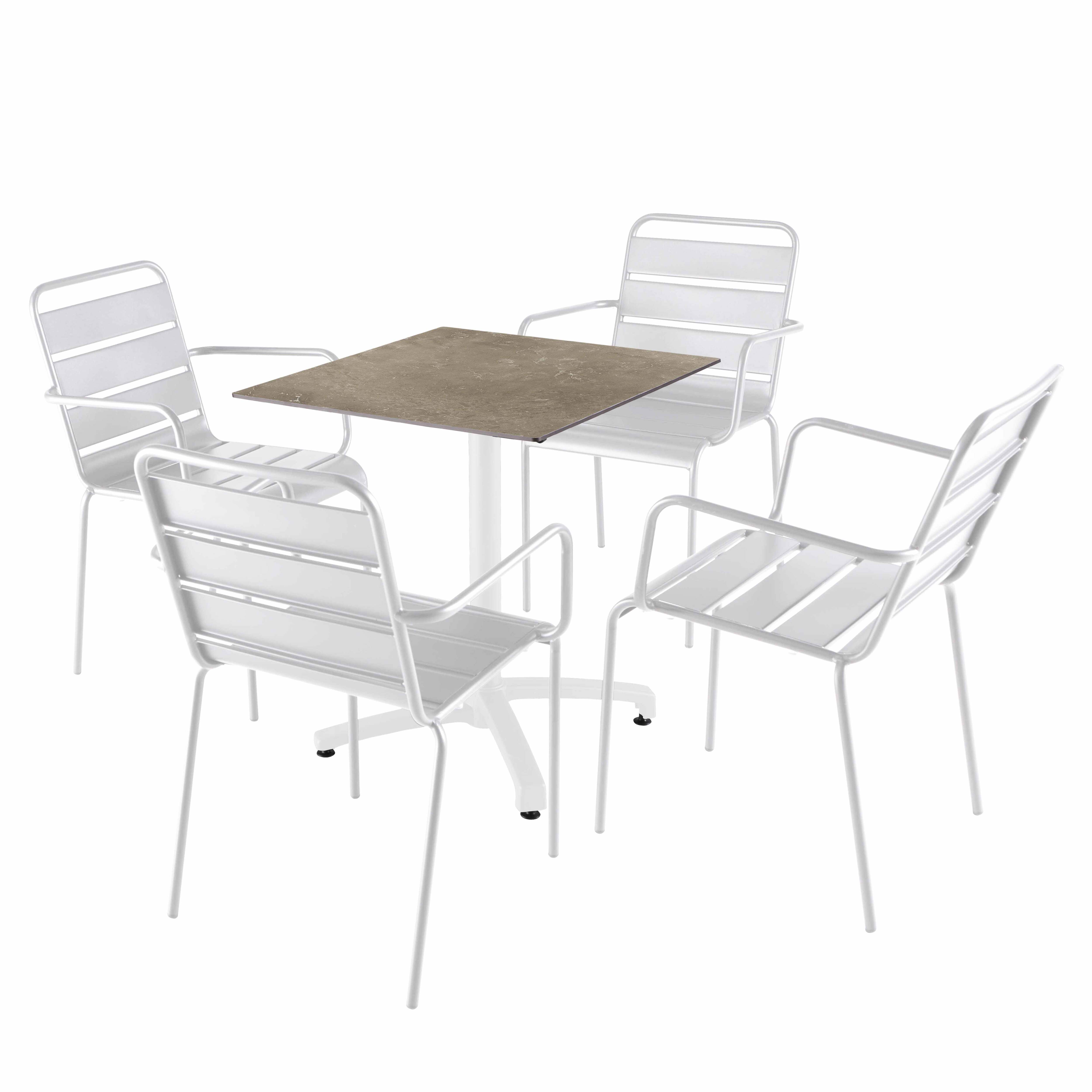 Ensemble table 70 cm marbre beige et 4 chaises en métal blanc