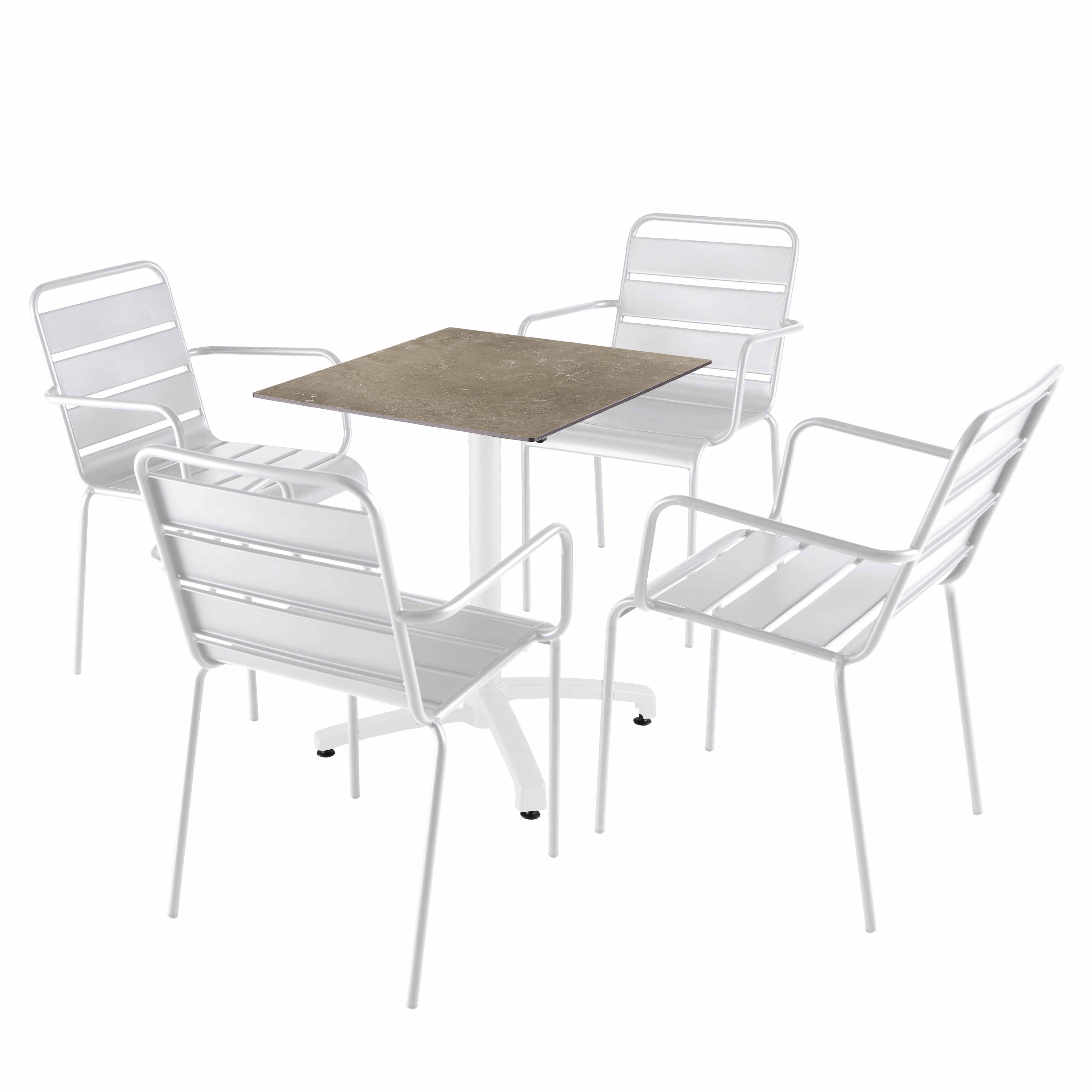 Ensemble table 60 cm marbre beige et 4 chaises en métal blanc