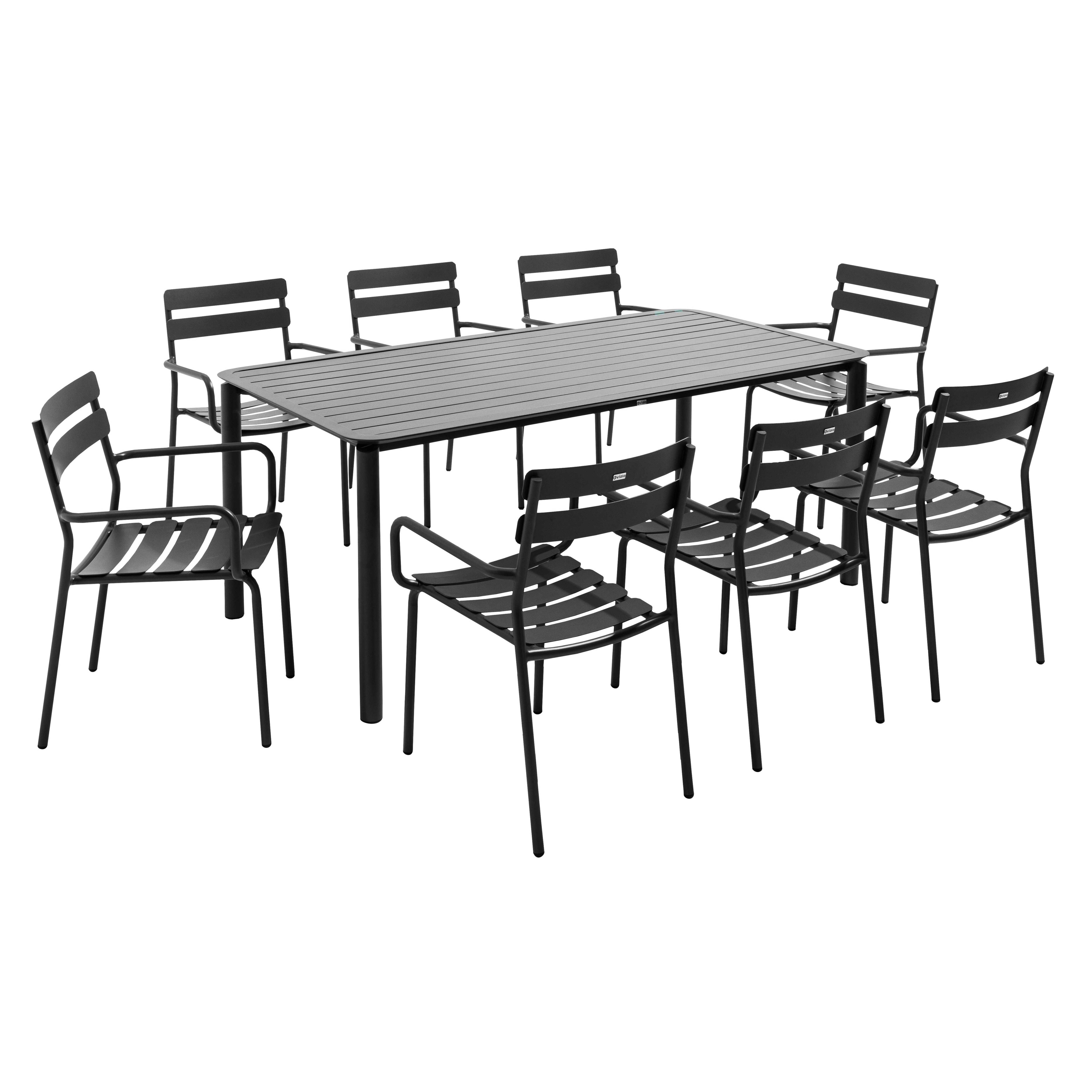 Ensemble table de terrasse (185 x 92cm) et 8 fauteuils noir