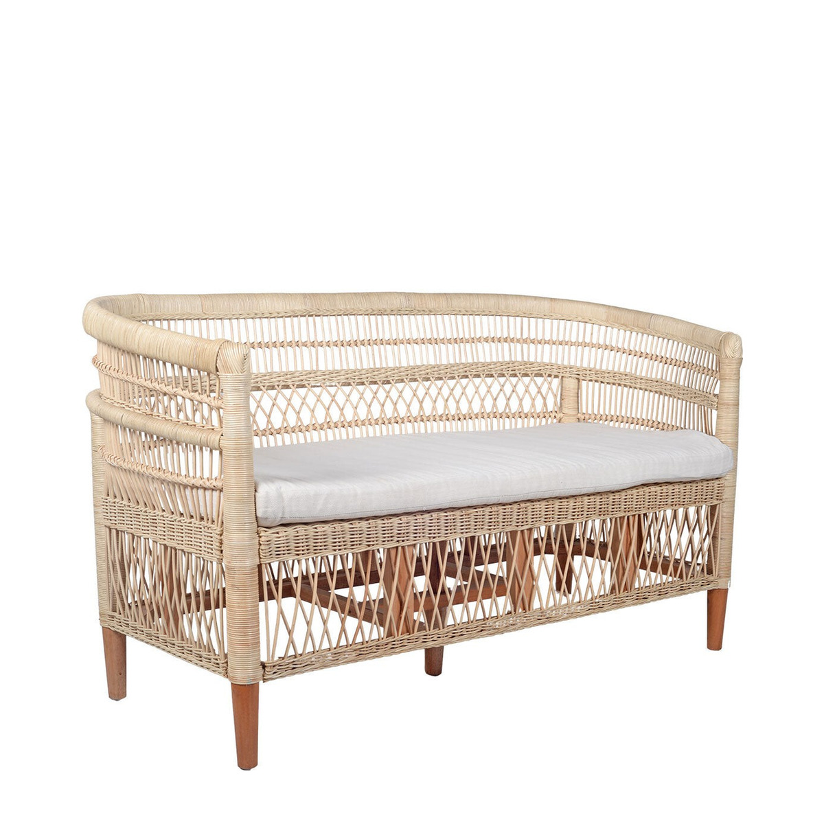 Banquette en rotin et coussin d&rsquo;assise en toile chevron