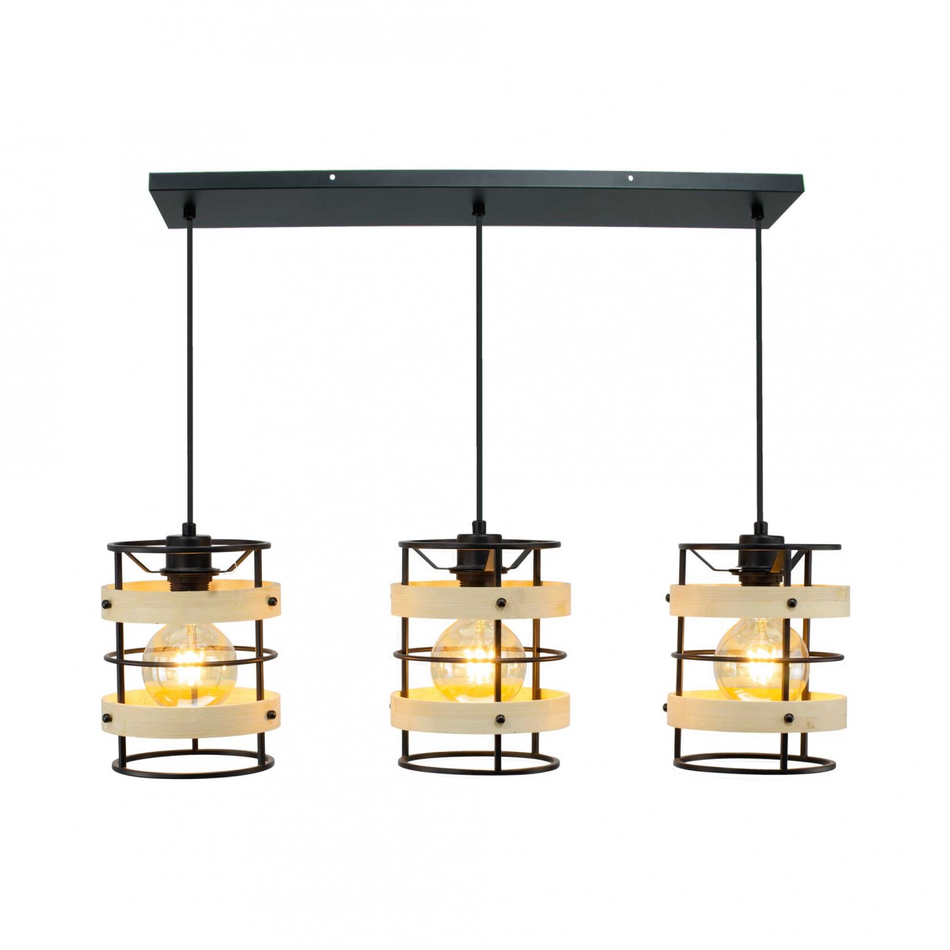 Suspension 3 lumières en métal noir et bambou naturel