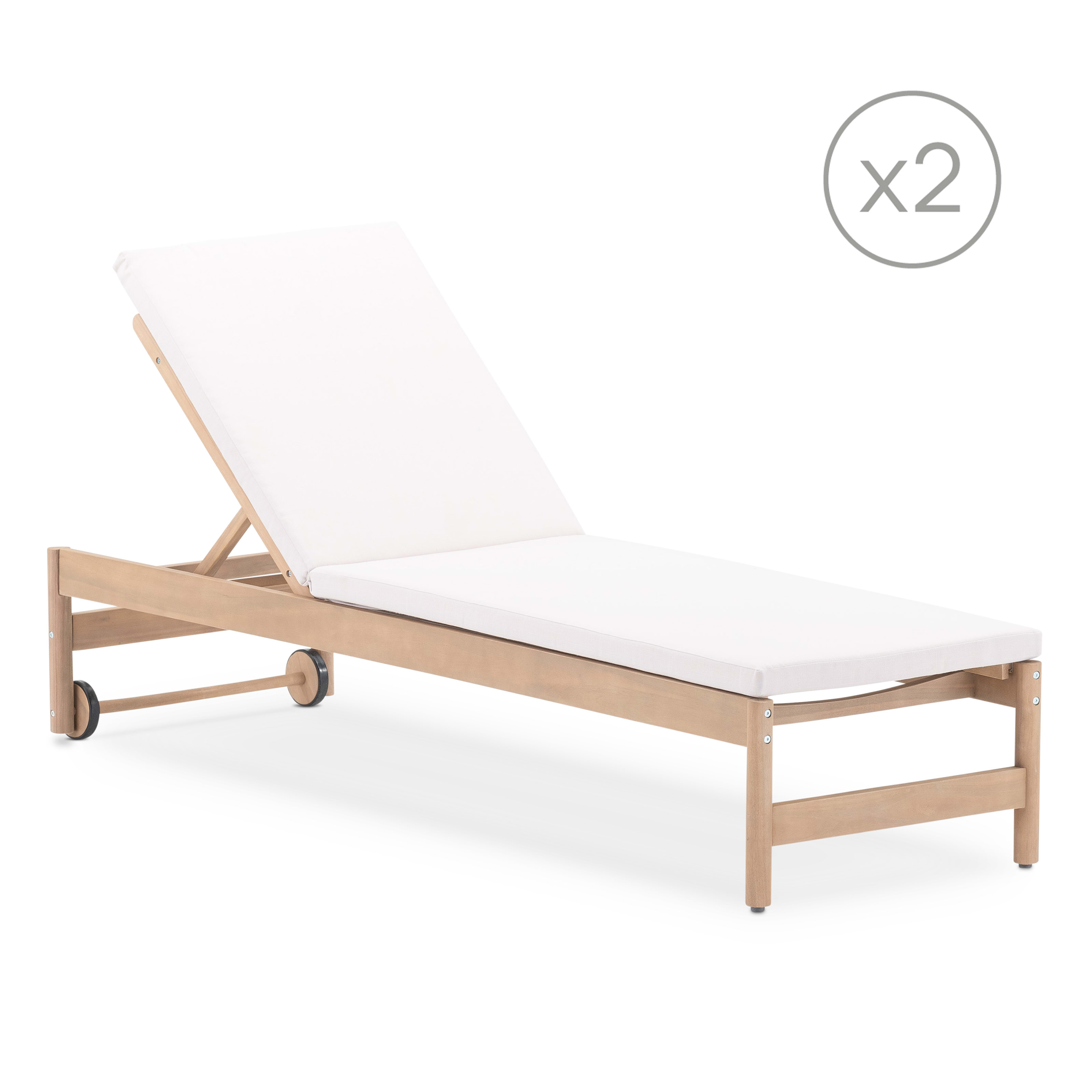 Lot de 2 chaises longues en bois avec coussin