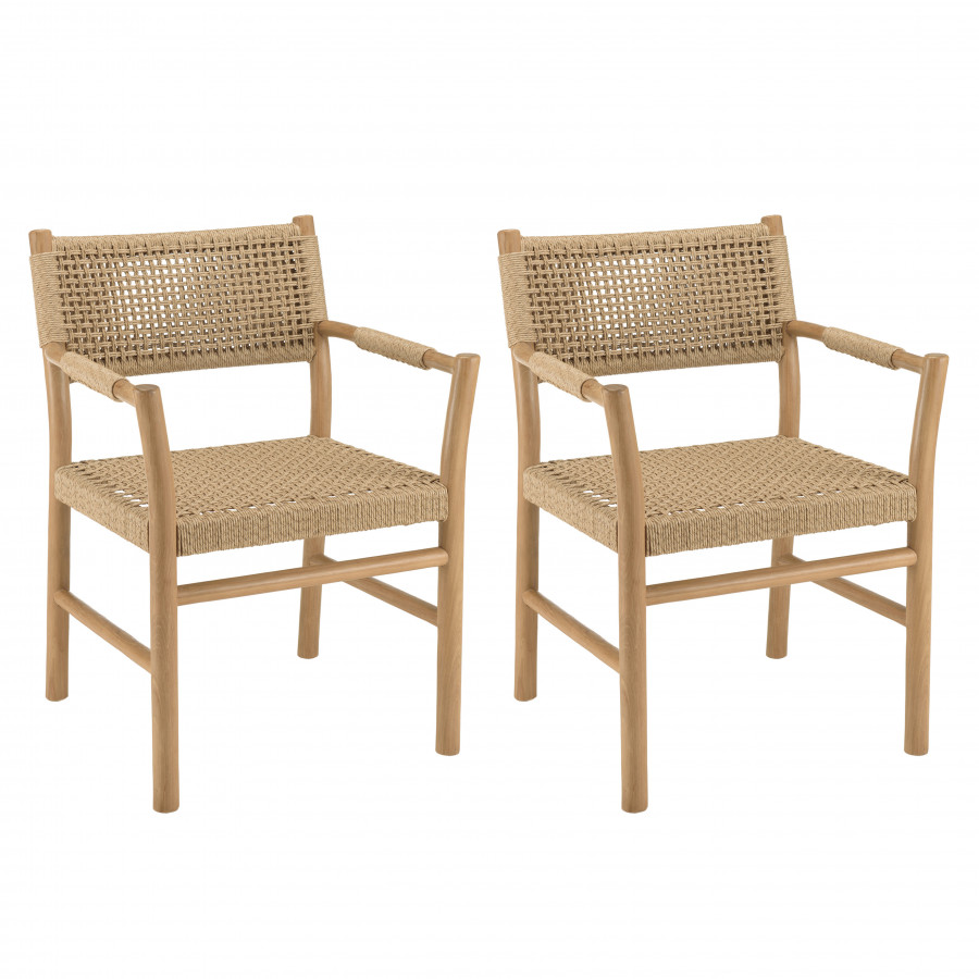 Lot de 2 fauteuils jardin accoudoirs teck rotin synthétique beige