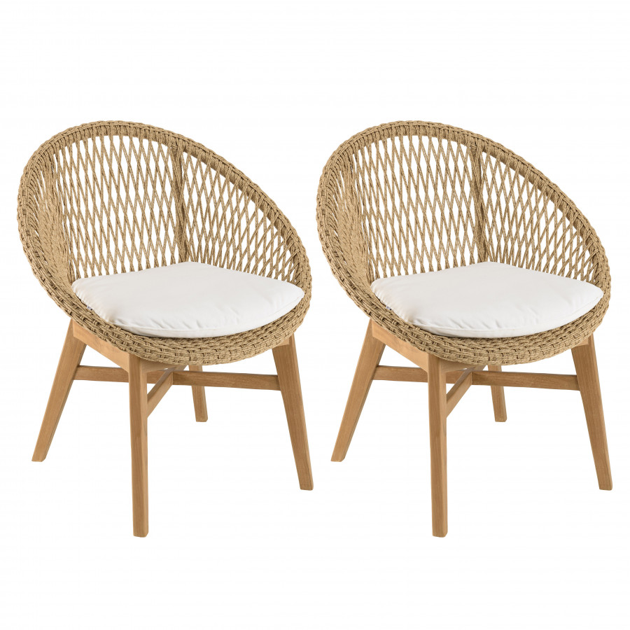 Lot de 2 fauteuils jardin arrondi teck rotin synthétique