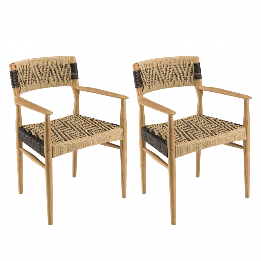 Lot de 2 fauteuils jardin teck rotin synthétique beige / noir