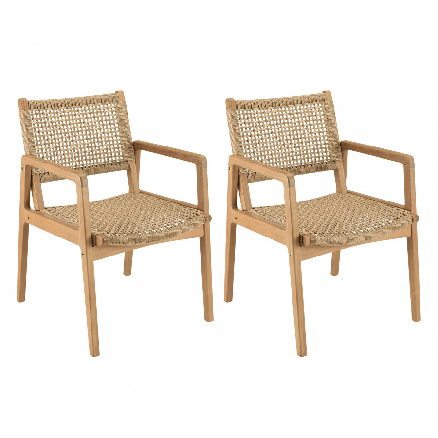 Lot de 2 fauteuils jardin teck naturel rotin synthétique beige