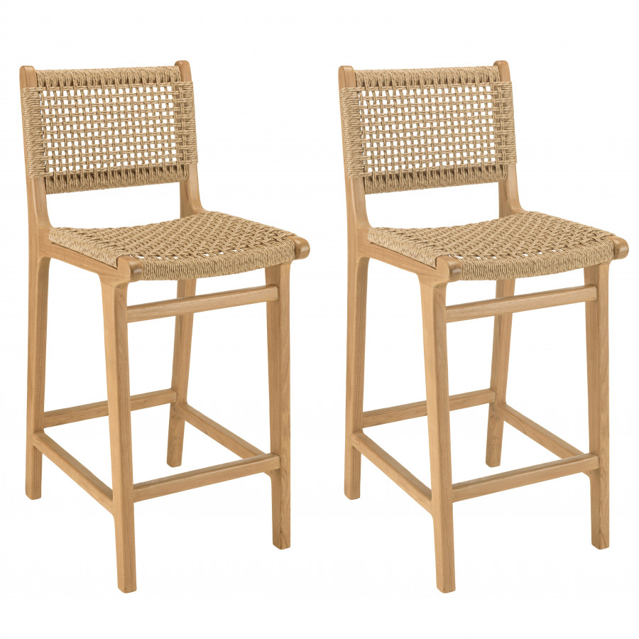 Lot de 2 tabourets bar de jardin teck rotin synthétique beige