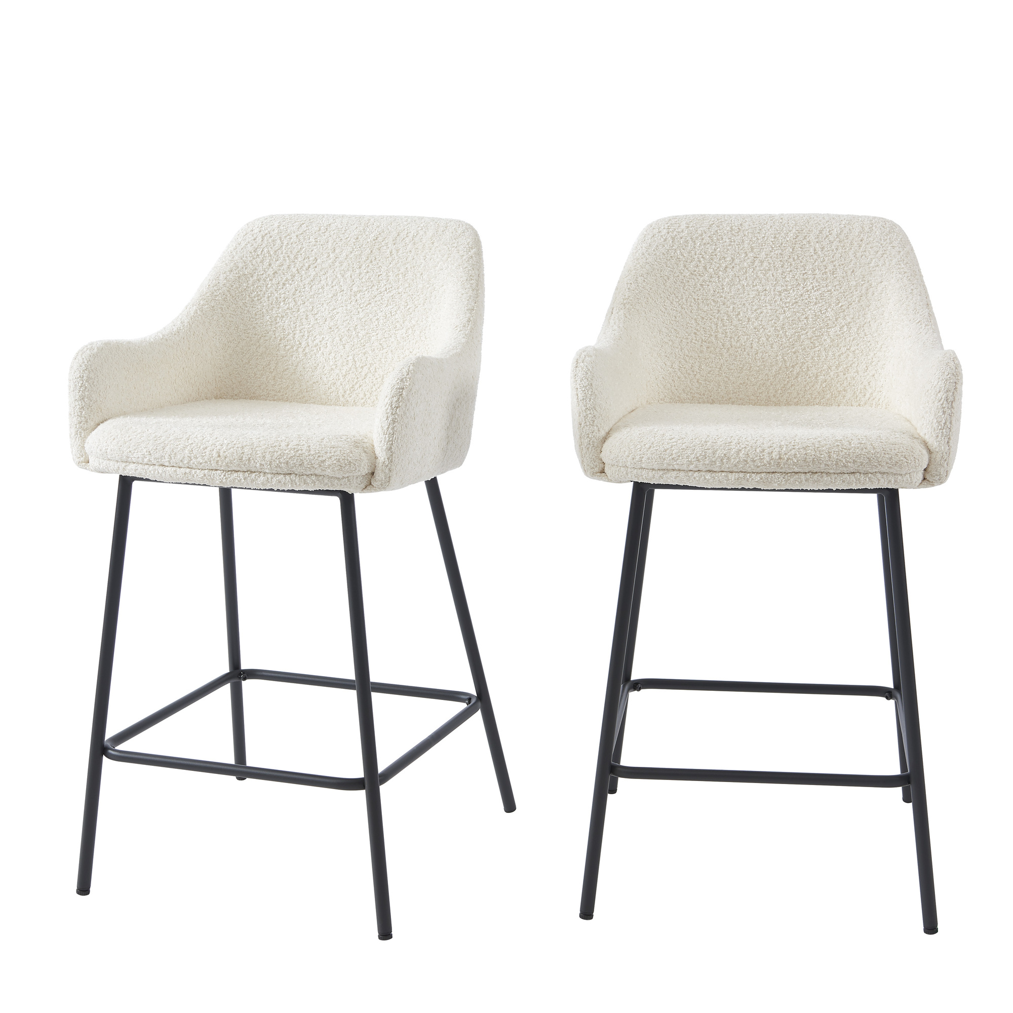 Lot de 2 tabourets en tissu bouclette blanc piètement noir