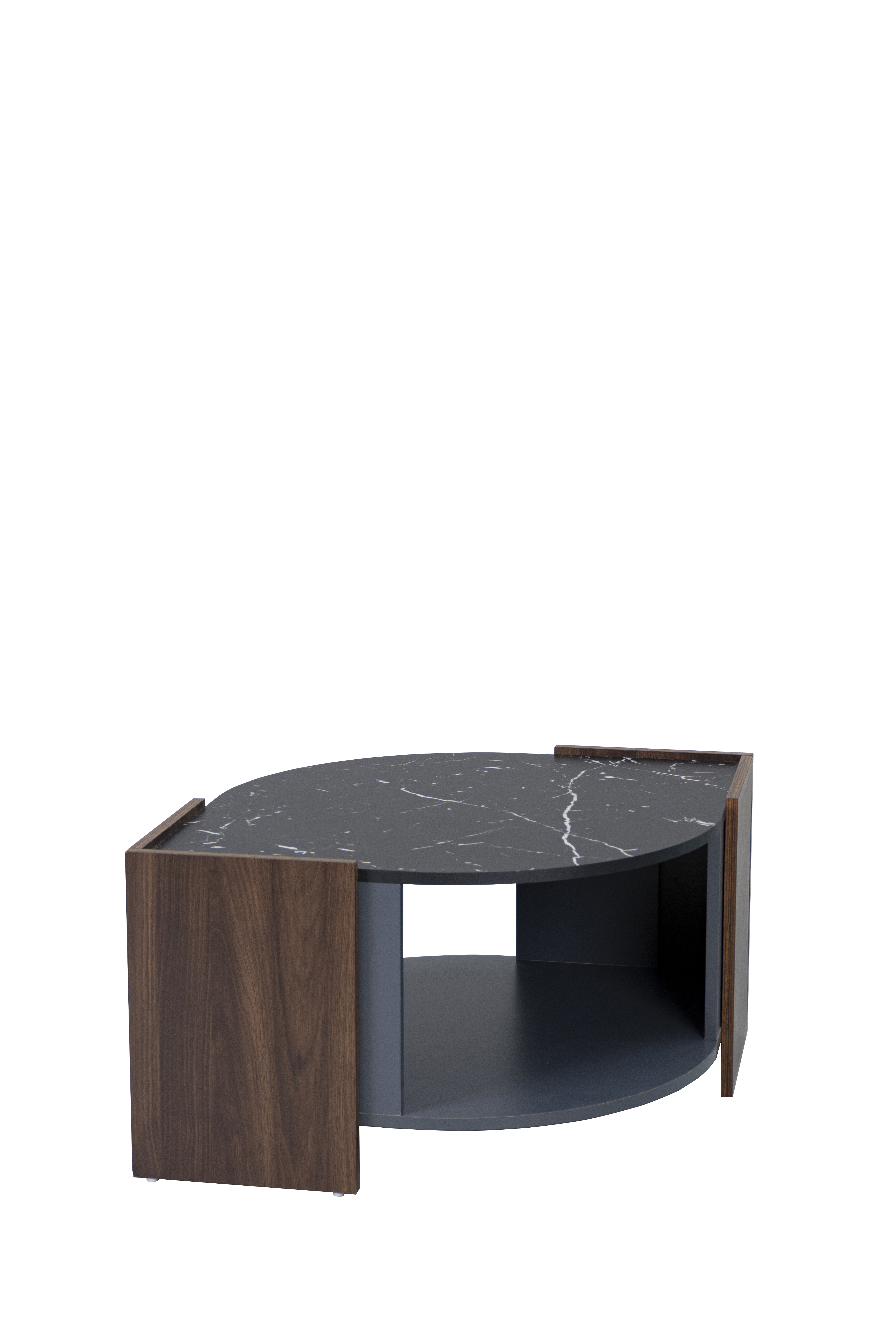 Table basse texturée effet marbre noir et noyer