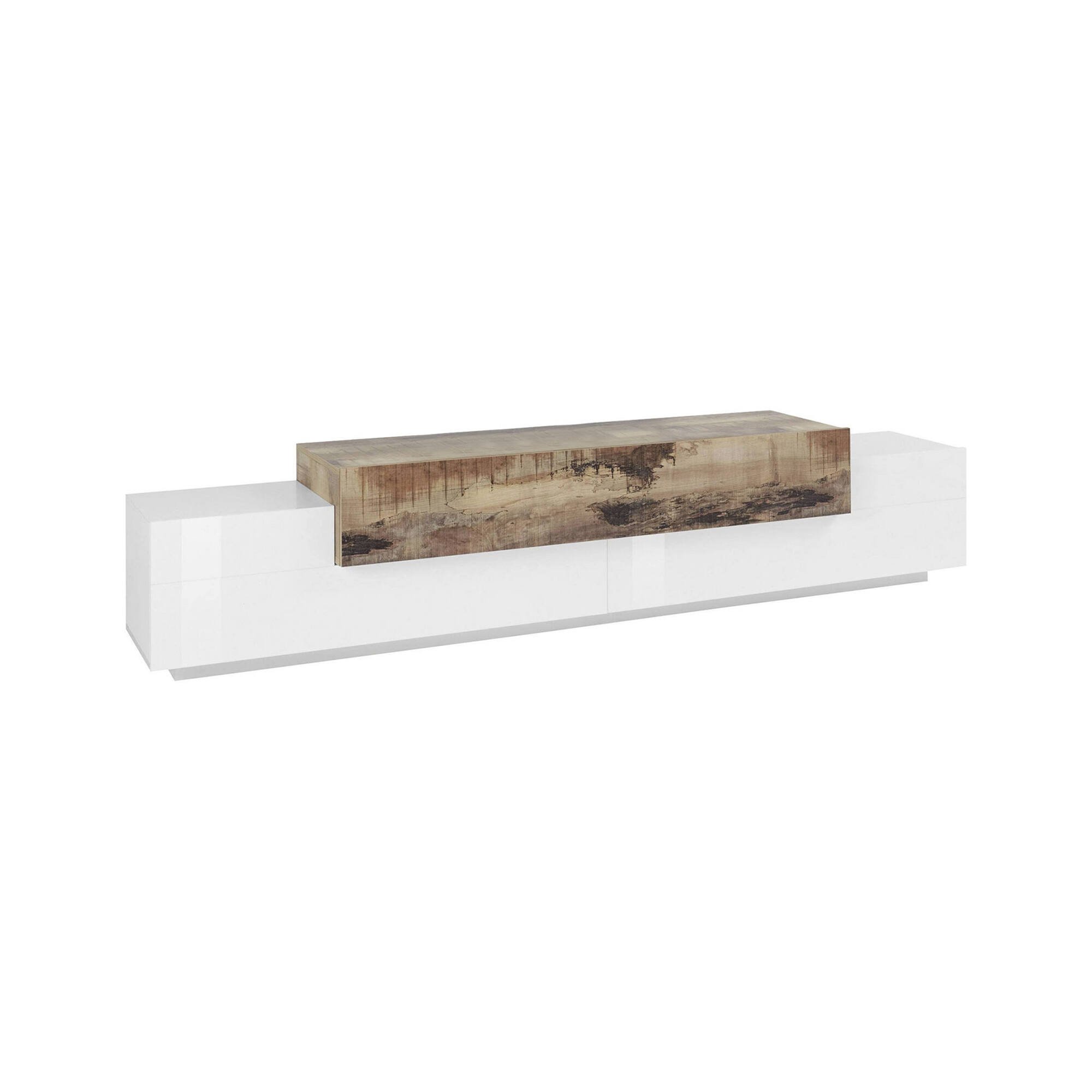 Meuble TV blanc brillant effet bois, beige 240×45 cm