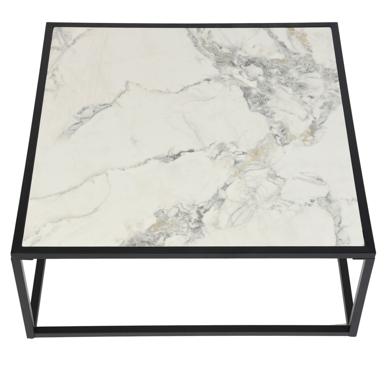Table basse carrée pierre effet marbre blanc structure noir