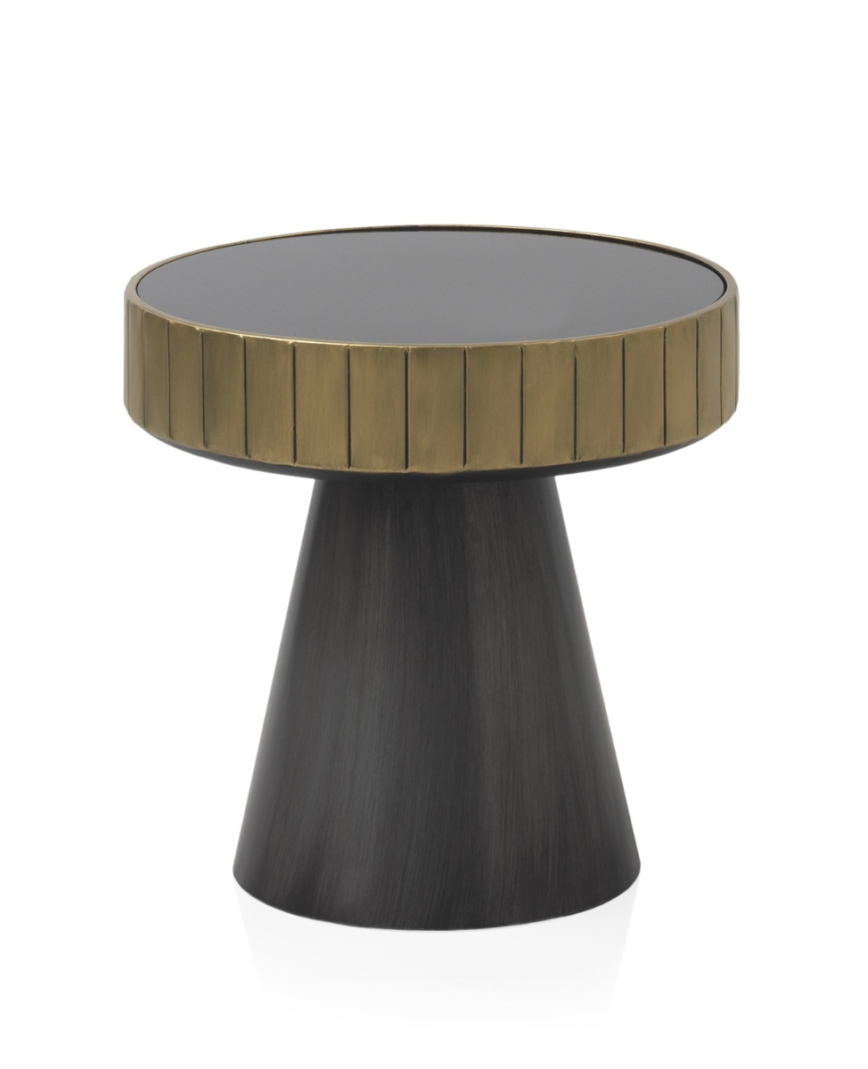 Table d&rsquo;appoint en métal or et gris avec plateau en verre noir