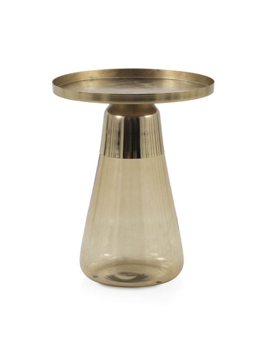 Table d&rsquo;appoint avec base en verre vert et plateau en métal doré