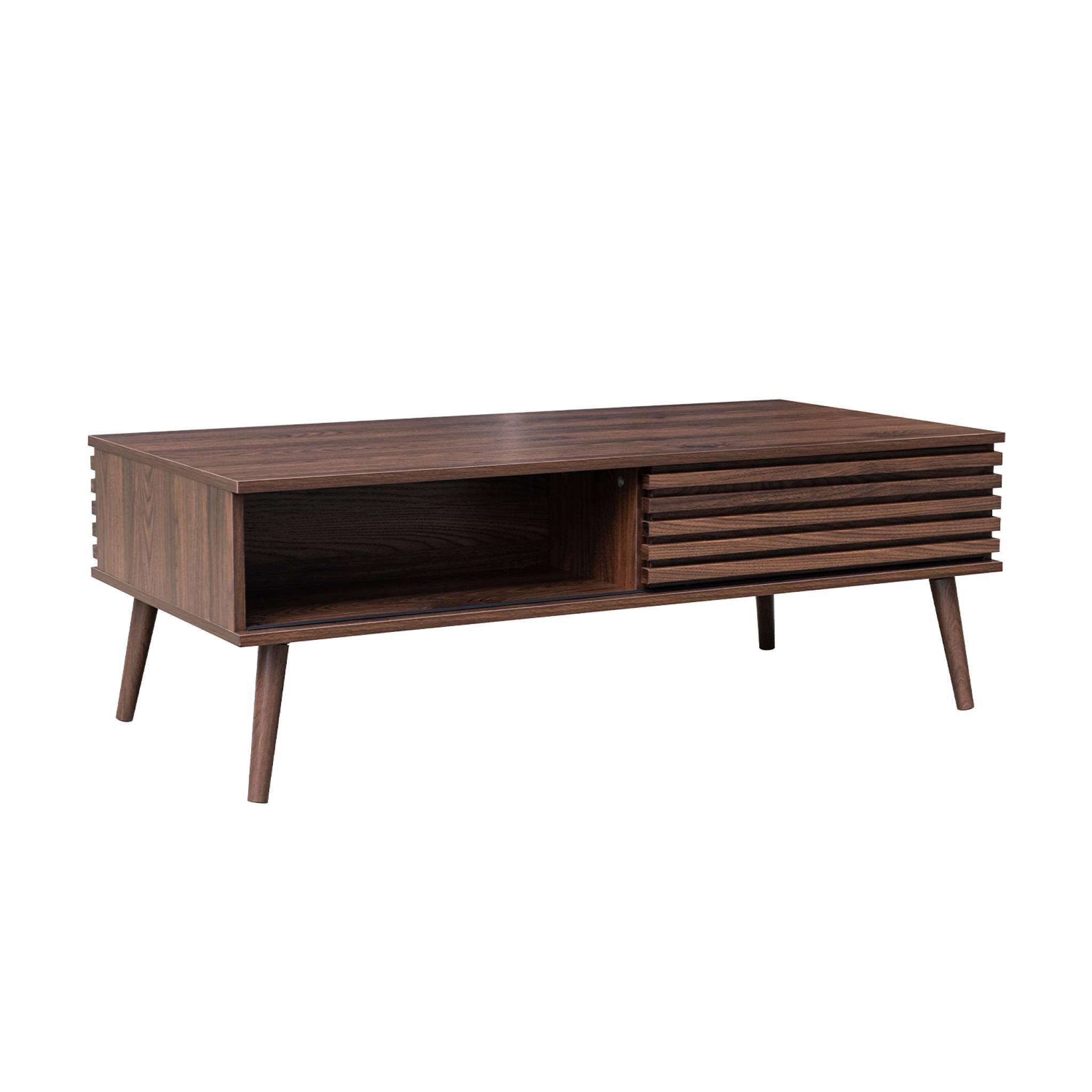 Table basse portes coulissantes décor bois noyer