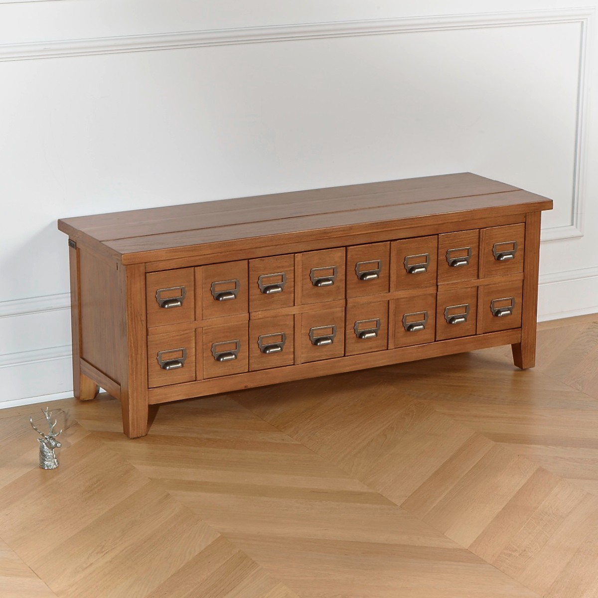 Banc à chaussures 4 casiers en pin massif teinte noyer