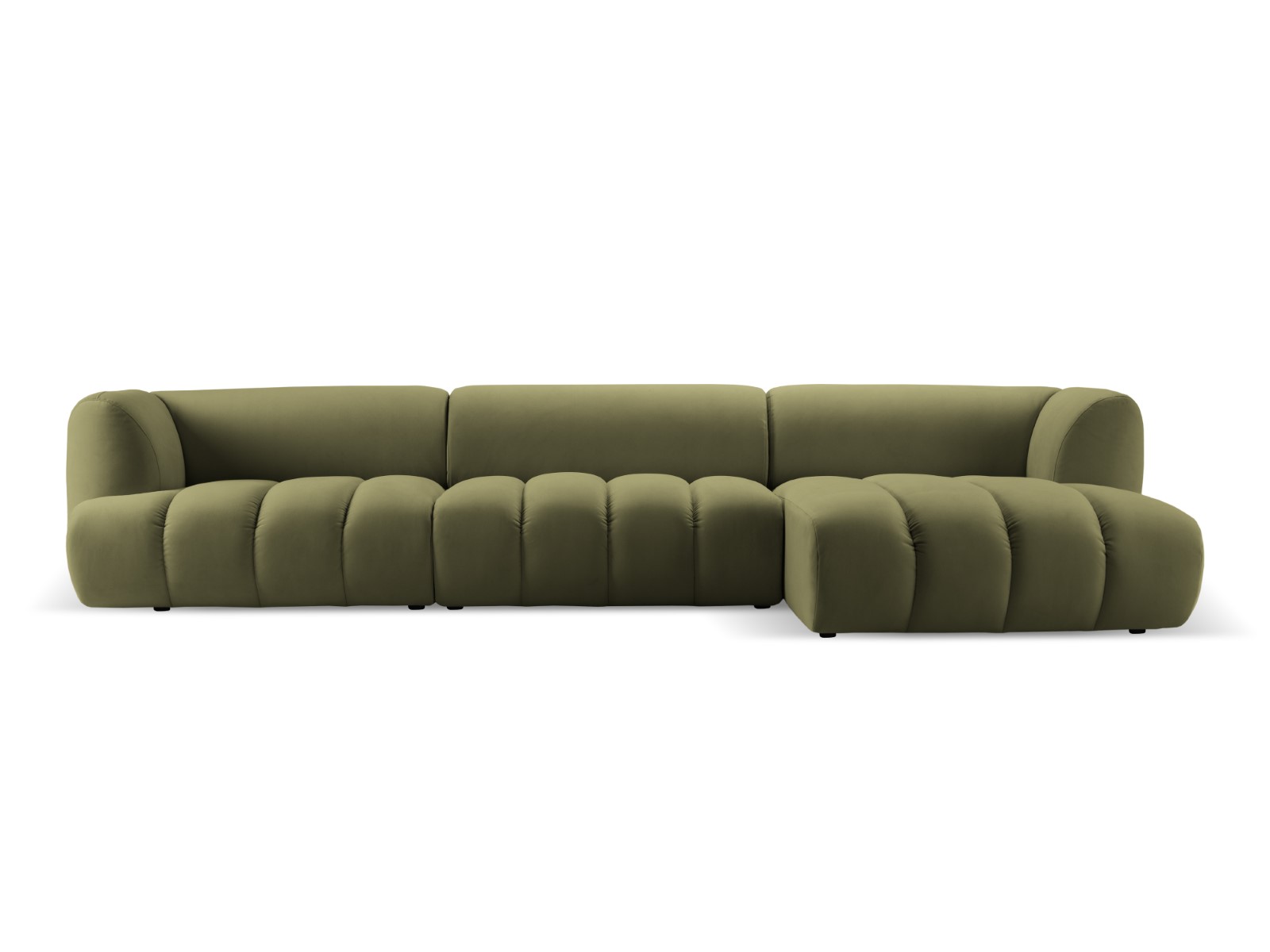 Canapé d’angle droit modulable 5 places en tissu velours vert clair