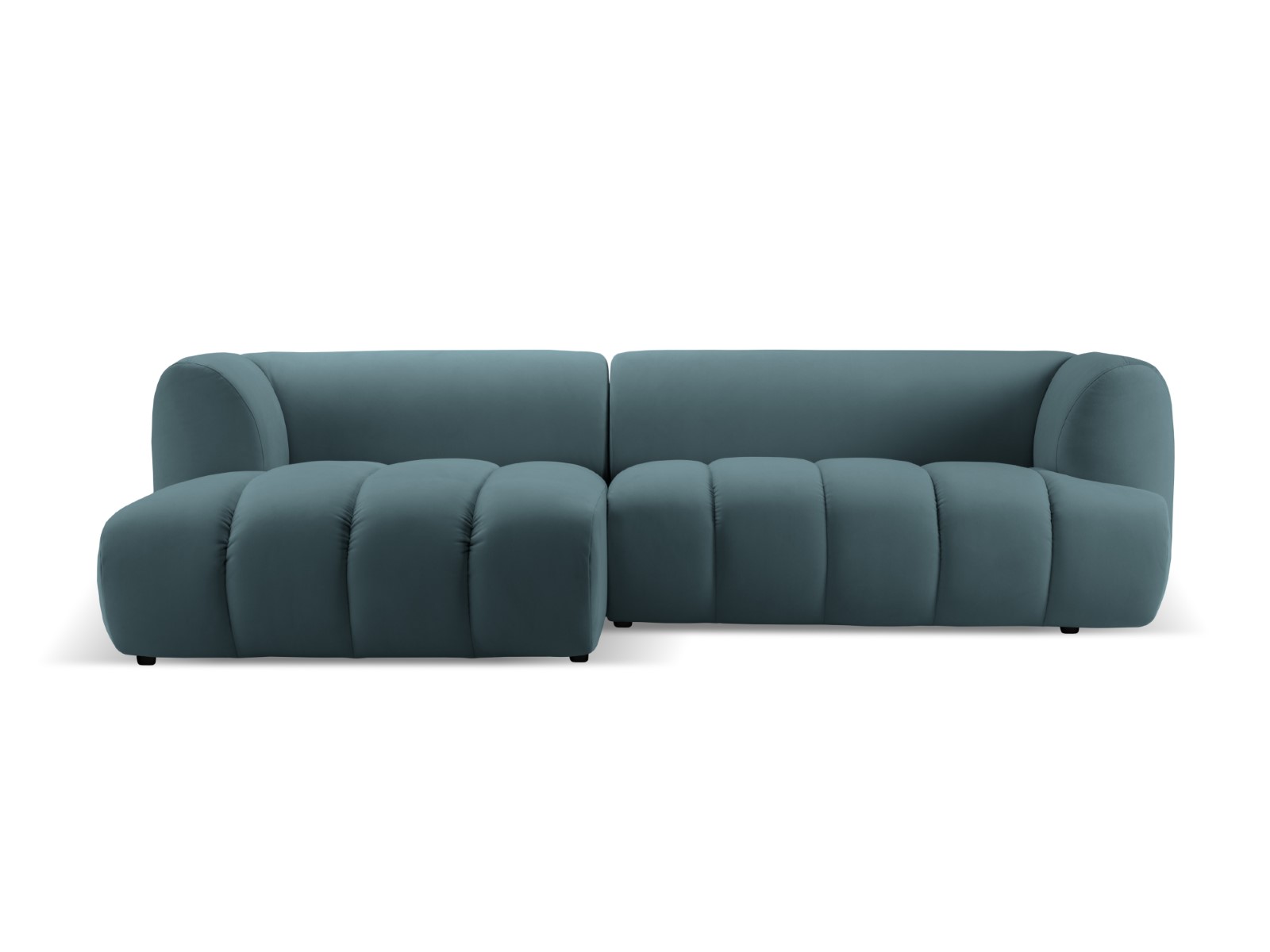 Canapé d’angle gauche modulable 4 places en tissu velours bleu pastel