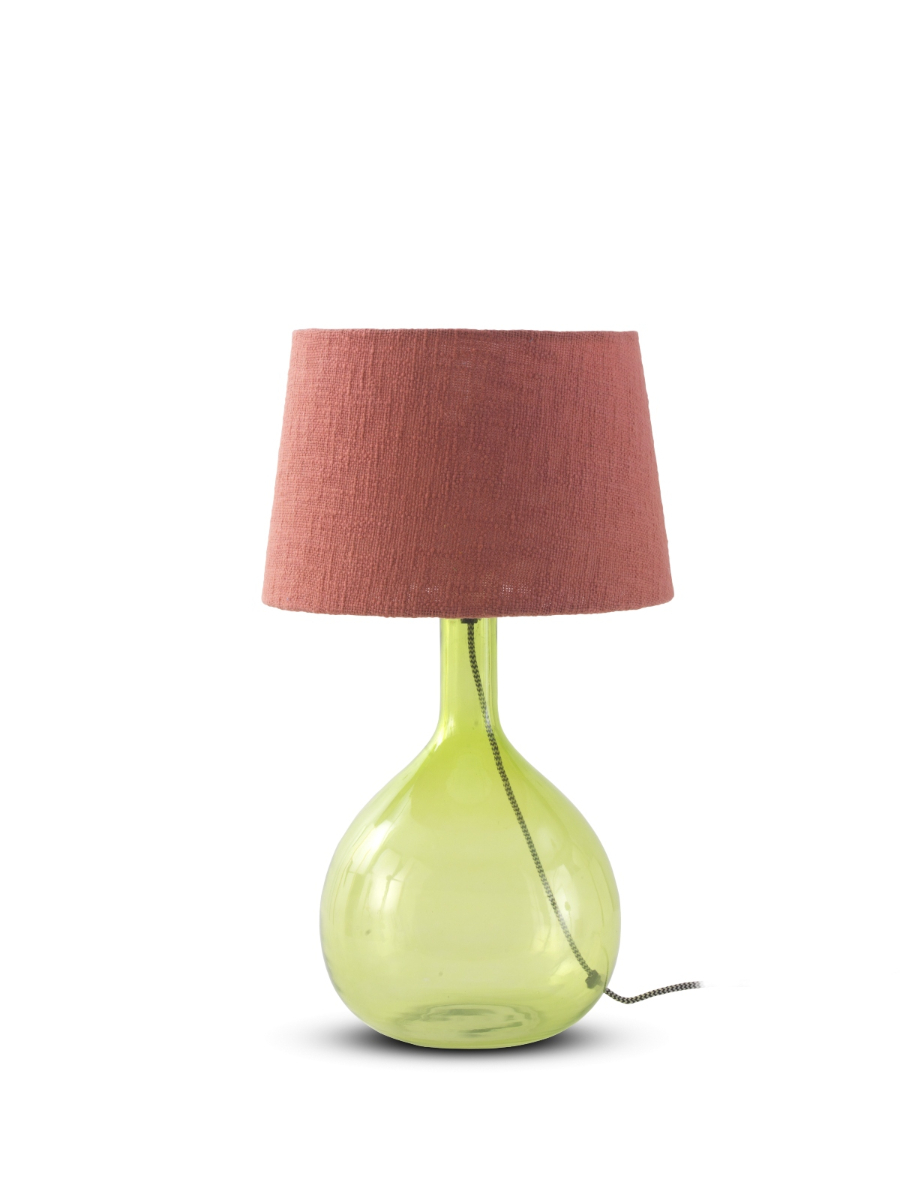Lampe de table en verre vert avec abat-jour en coton terracotta