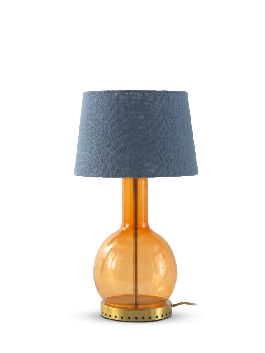 Lampe à poser en verre cristal orange avec abat-jour en coton bleu