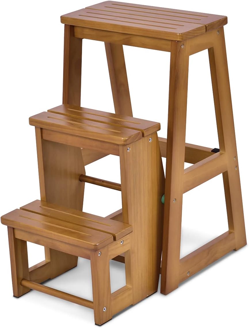 Tabouret d&rsquo;échelle 3 marches pin couleur de noyer 57 x 39 x 65 cm