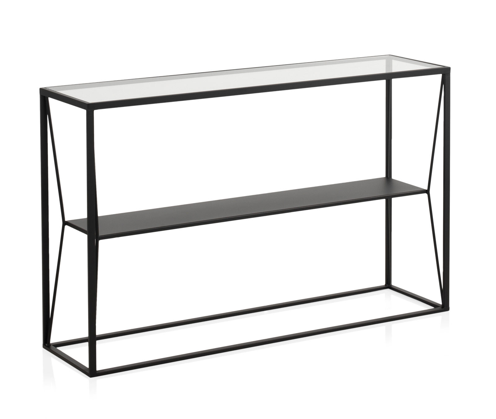 Console en métal noir avec plateau en verre