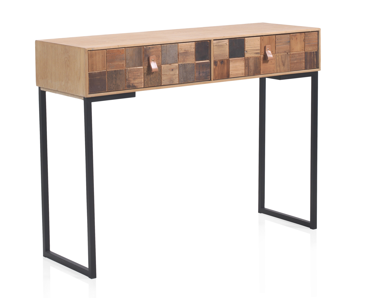 Console en frêne plaqué avec façades en bois recyclé et base en métal