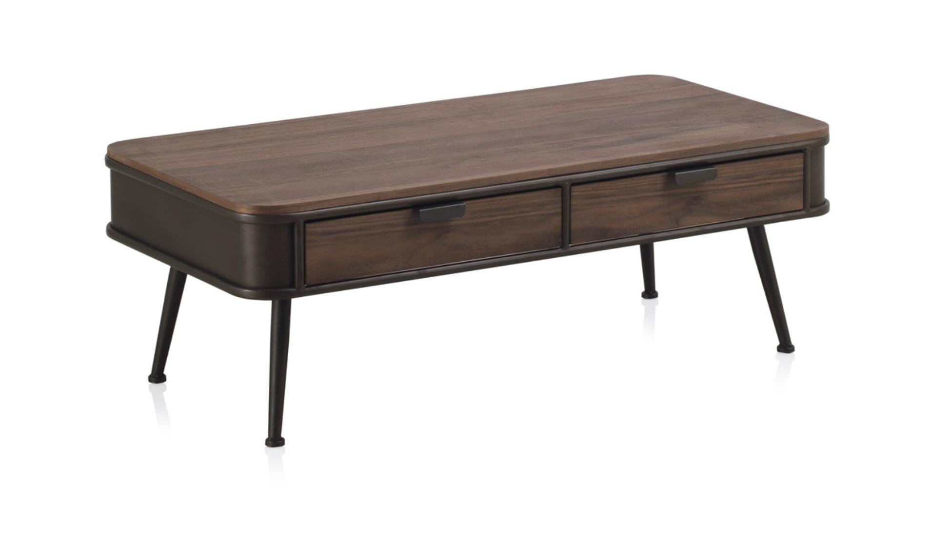Table basse en métal avec plateau et 2 tiroirs en bois
