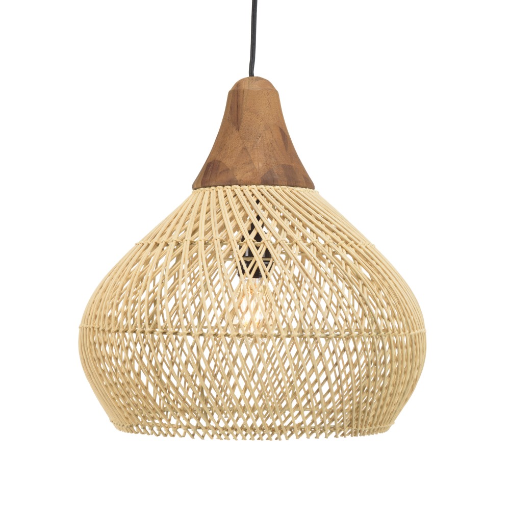 Suspension cloche » 40x40cm rotin couleur naturelle et teck »