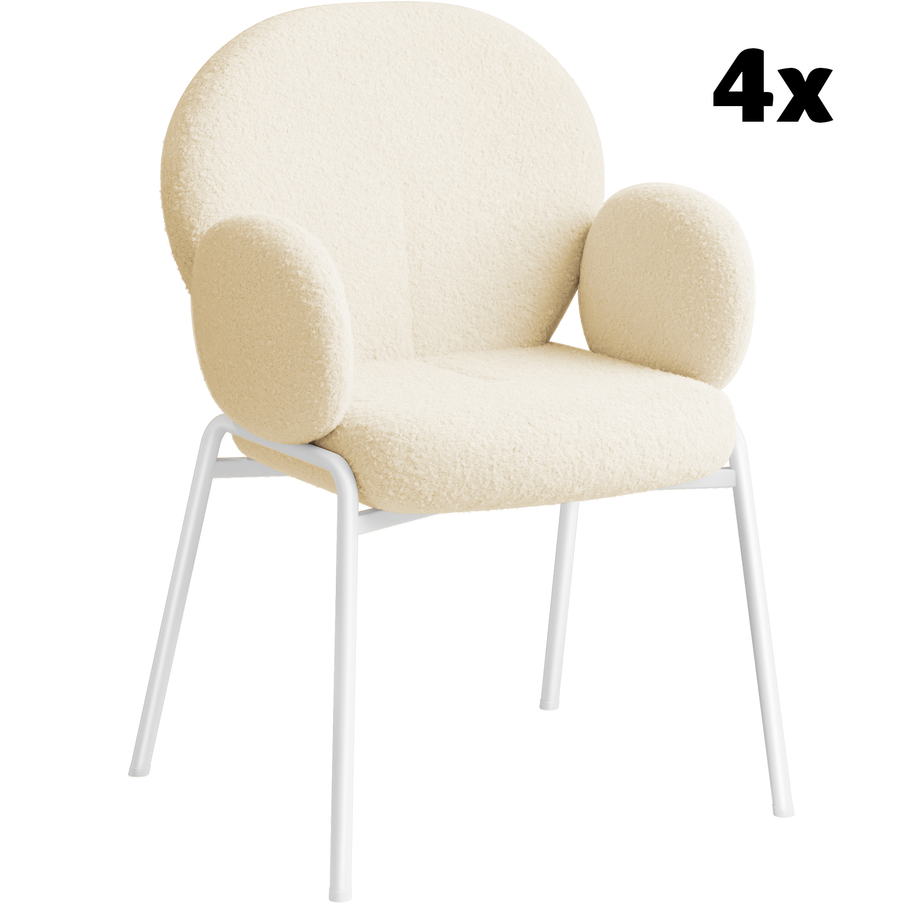 Lot de 4 chaises tissu bouclette avec accoudoirs confortables crème