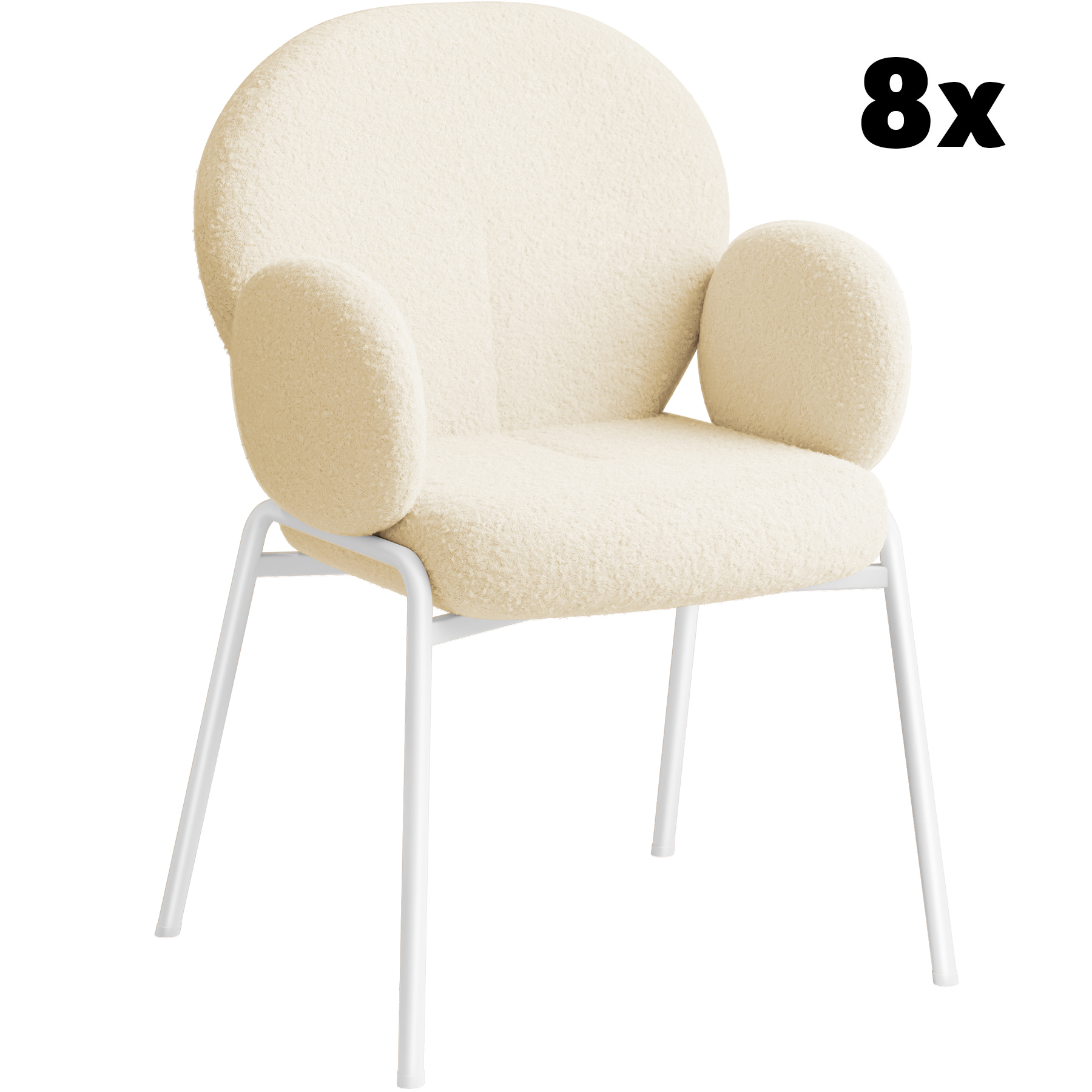 Lot de 8 chaises rembourrées en tissu bouclette avec accoudoirs crème