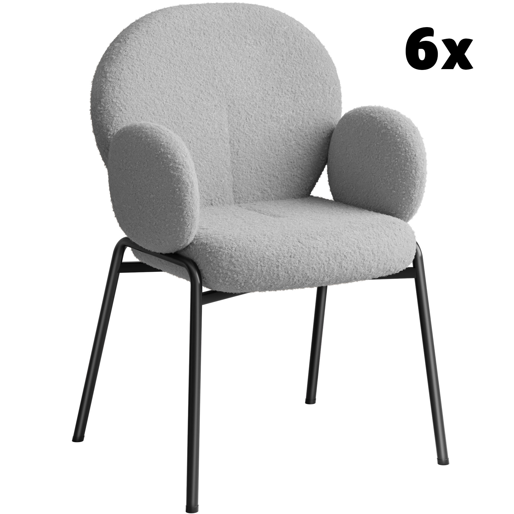 Lot de 6 chaises rembourrées tissu bouclette et accoudoirs gris clair