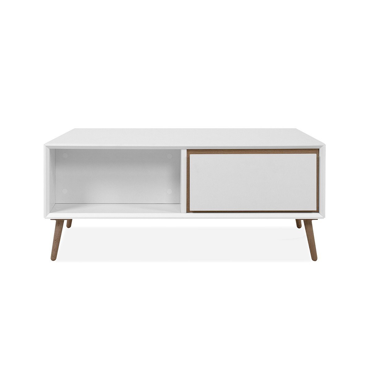 Table Basse 2 Tiroirs et 2 Niches L94 cm – Chêne artisan / blanc