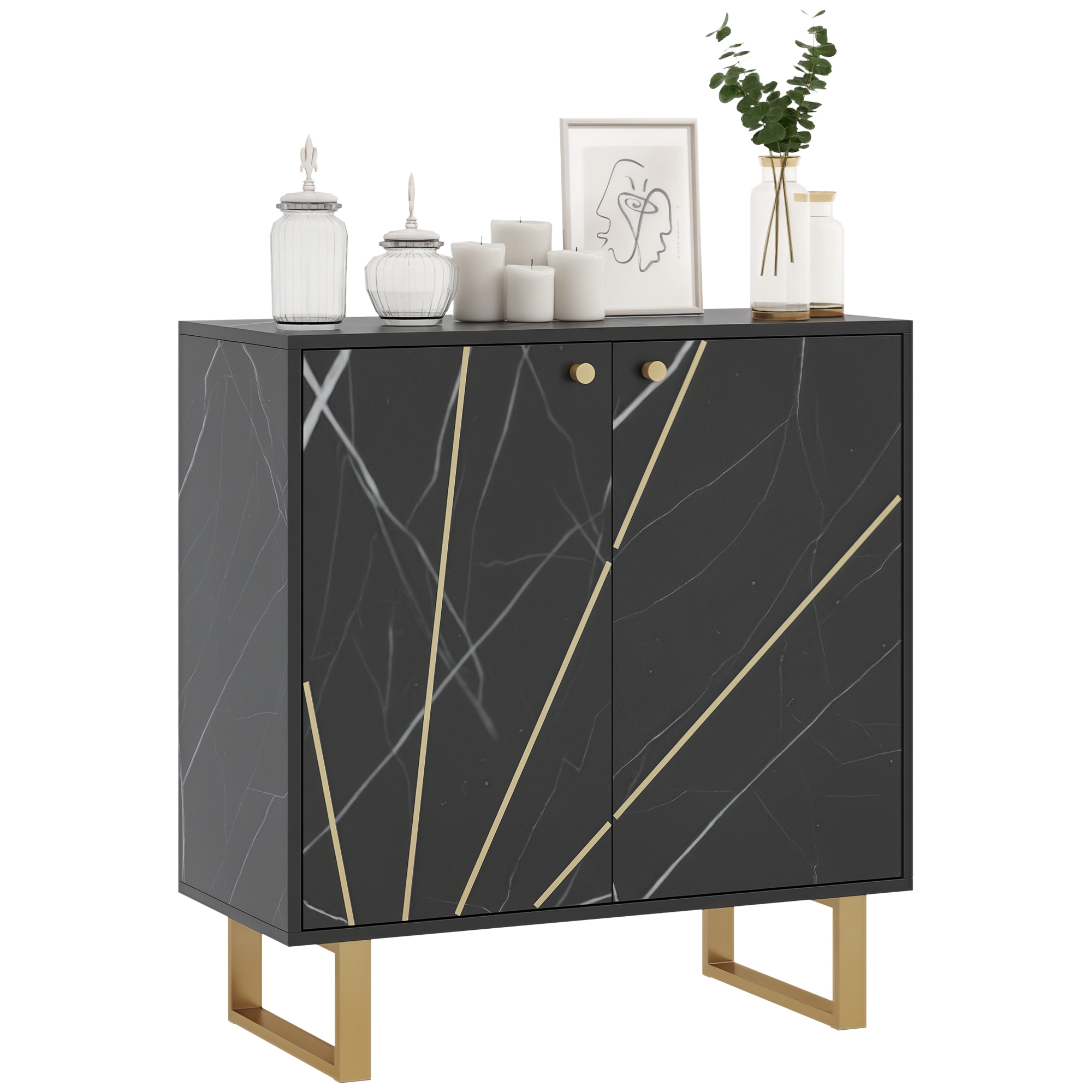 Buffet design – 2 portes, étagère – métal doré aspect marbre noir