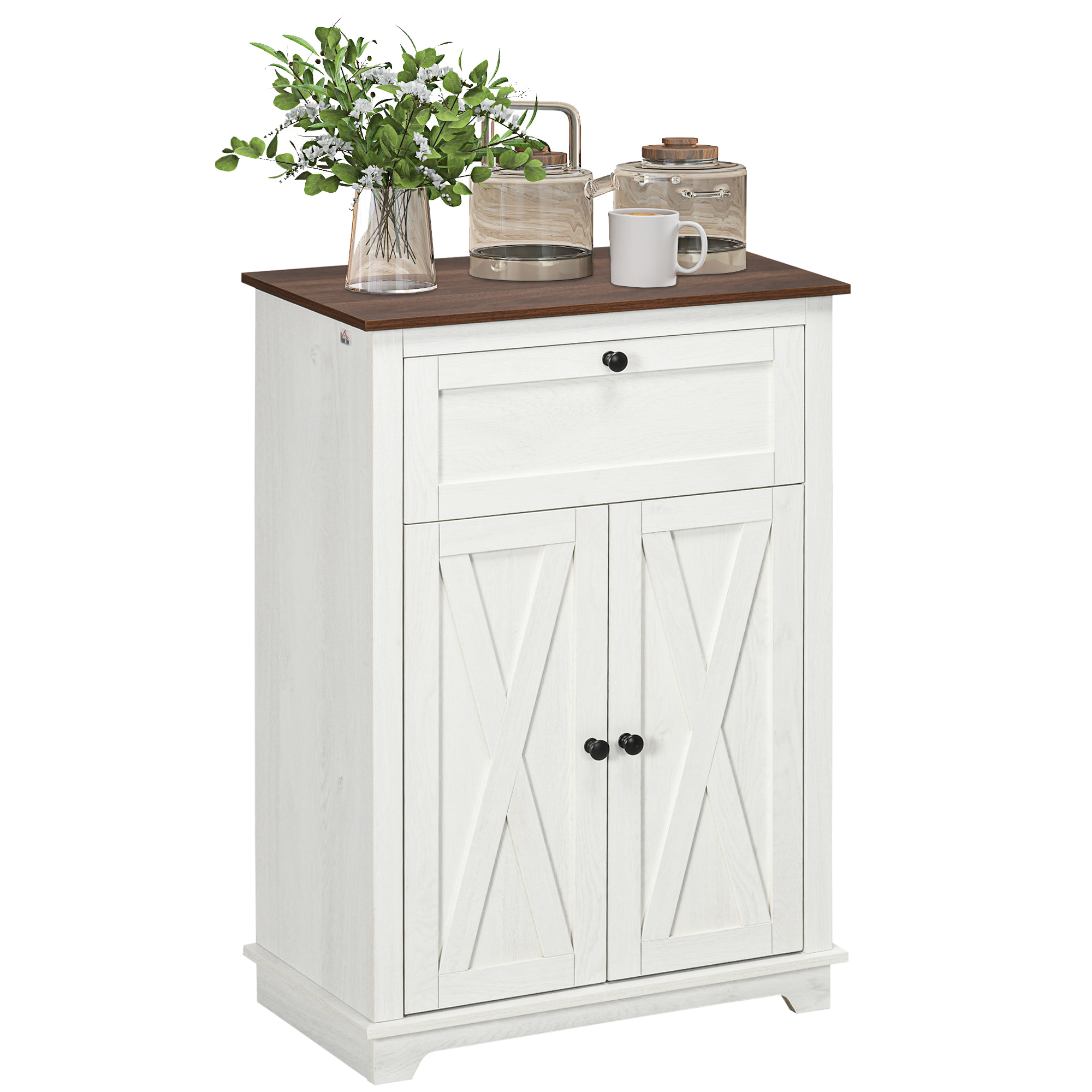 Buffet bas 2 portes multi-rangement style rural chic blanc aspect bois