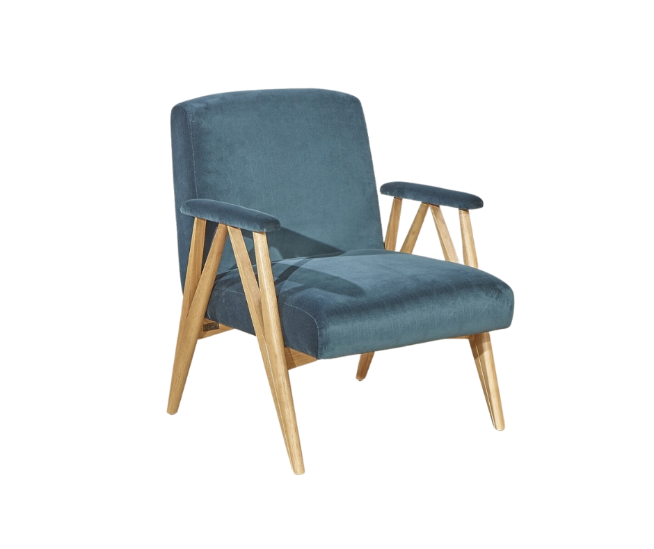 Fauteuil en hévéa et velours bleu paon