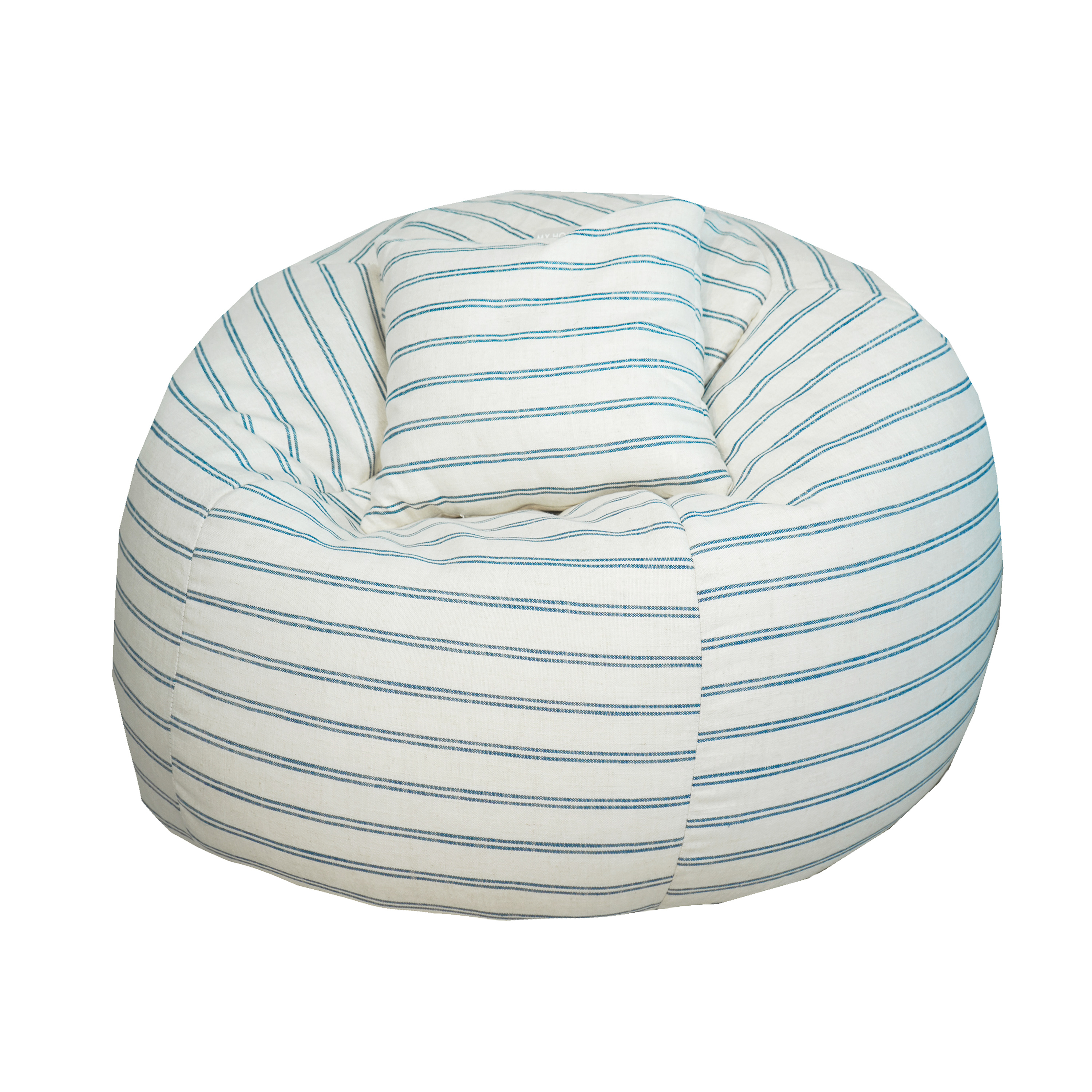 Pouf déhoussable en lin rayé bleu