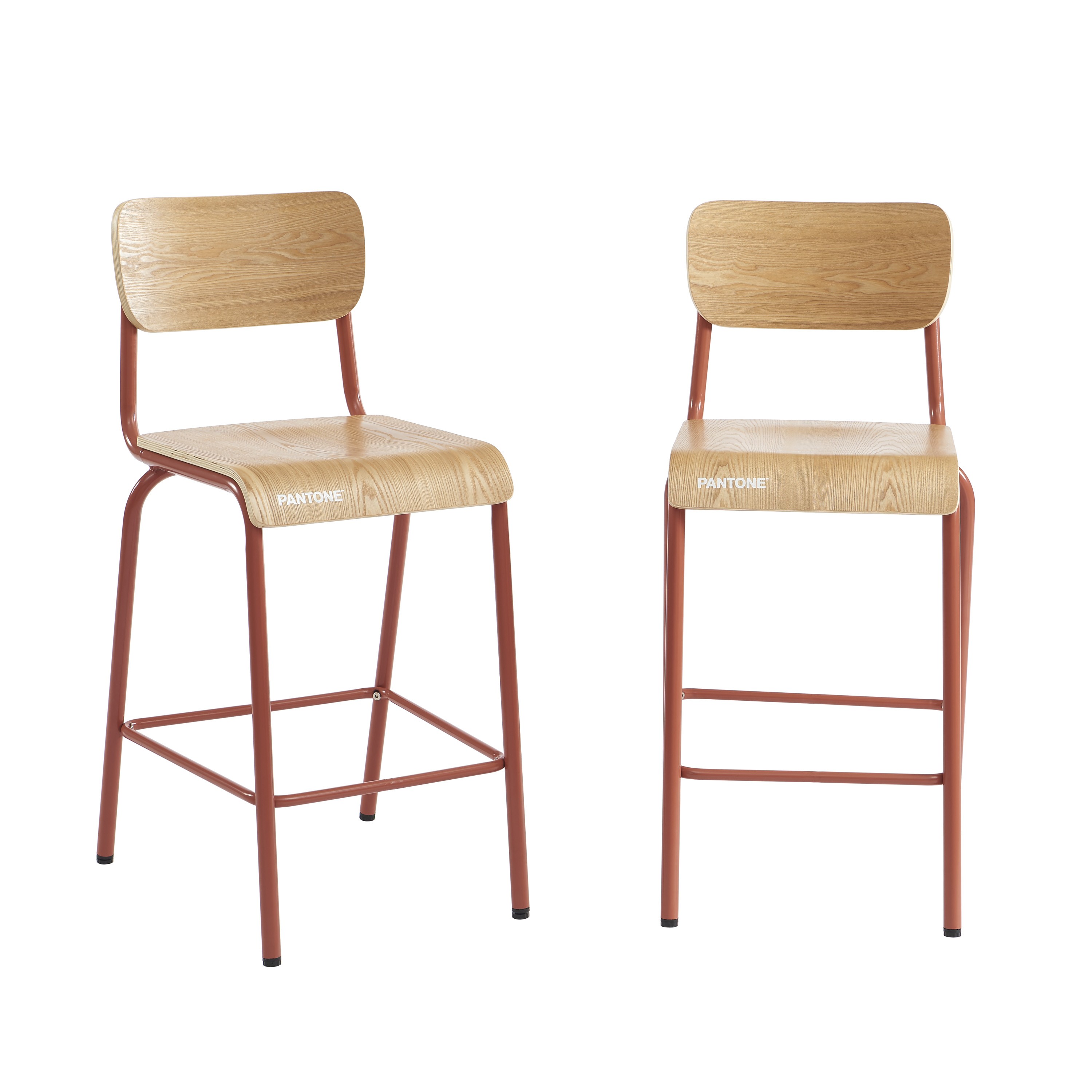 Lot 2 chaises de bar terracotta et placage frêne pieds