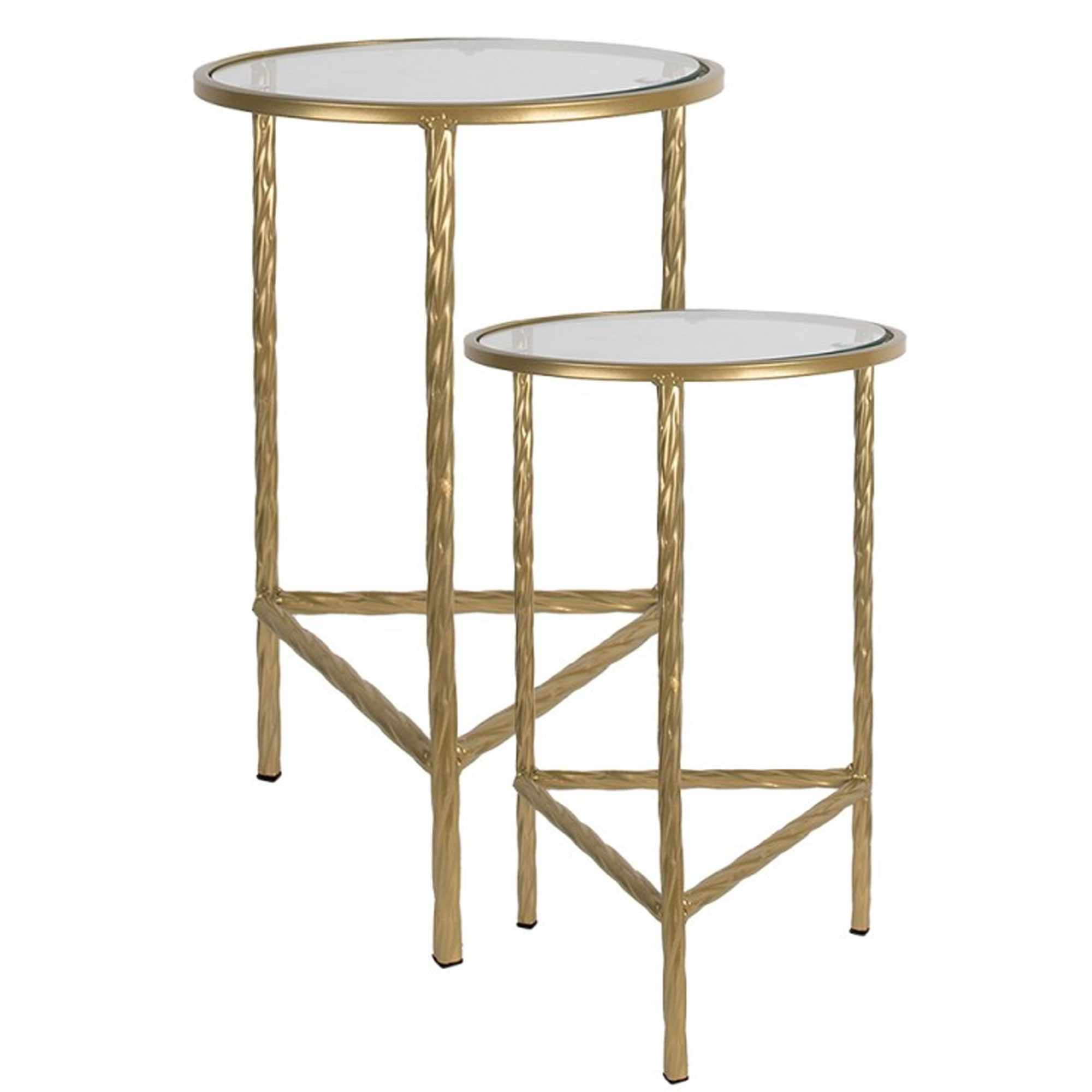 Set de 2 tables d&rsquo;appoint rondes en métal doré et verre 35x35x55cm
